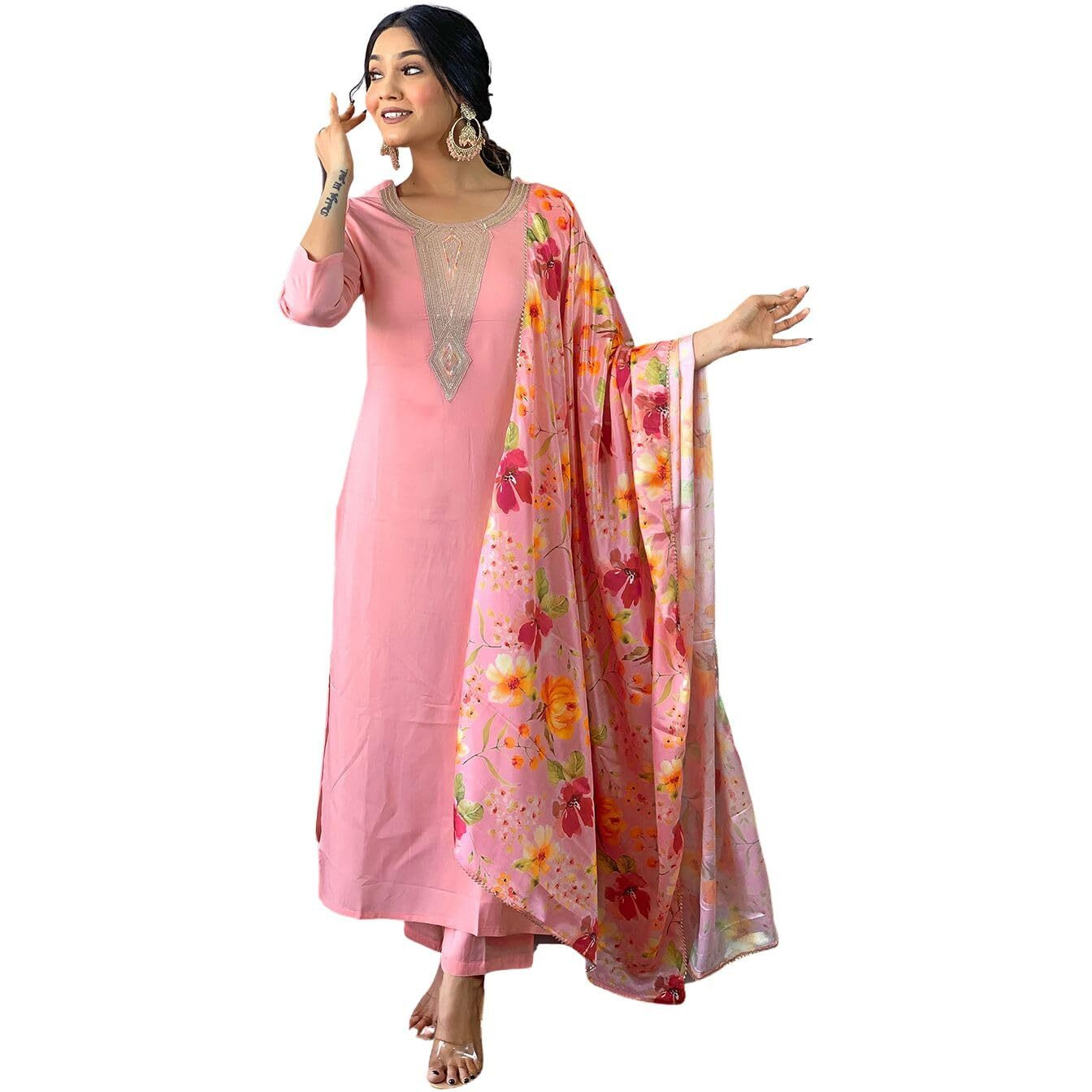 Naixa Womens Pink Rayon Blend Embroidered and Printed Straight Kurta with Rayon Blend Pant and Chinon Printed Dupatta Sets (NX-508-Pink-XXL)