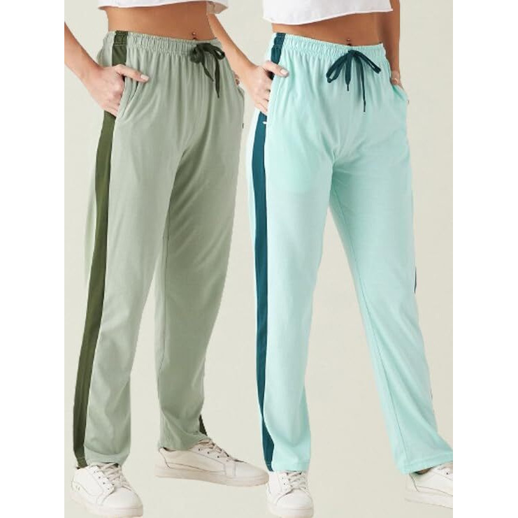 Modeve Womens Aqua and Pista Regular Fit Striped with Side Pockets Cotton Track Pants for Summer (XL)