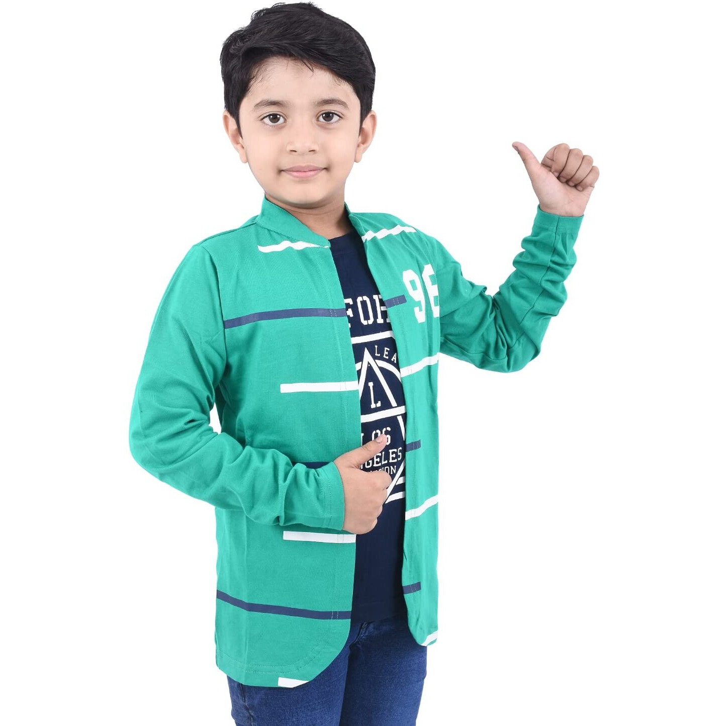 Jam & Sugar Boys Cotton California Navy Printed T-Shirt with Attached Green Full Sleeve Shurg (Green 15-16 Years)