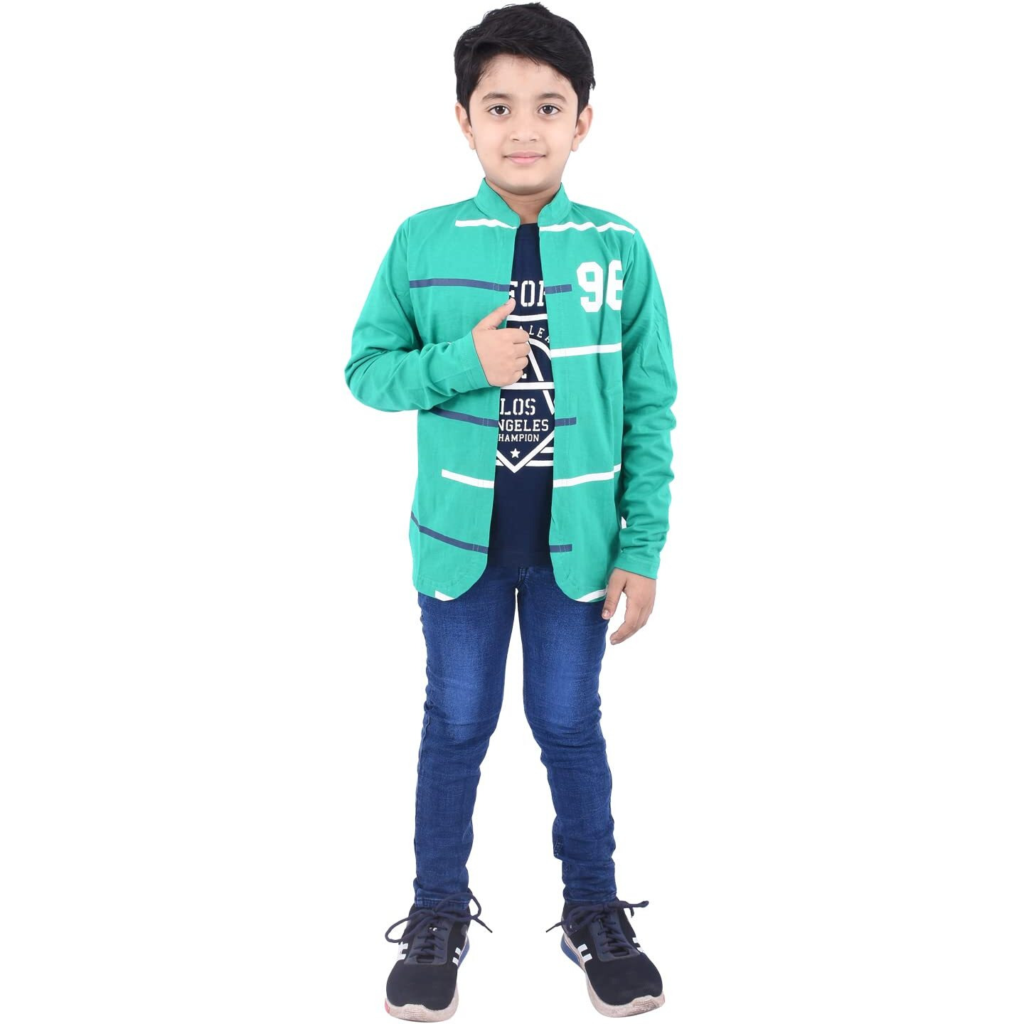 Jam & Sugar Boys Cotton California Navy Printed T-Shirt with Attached Green Full Sleeve Shurg (Green 15-16 Years)