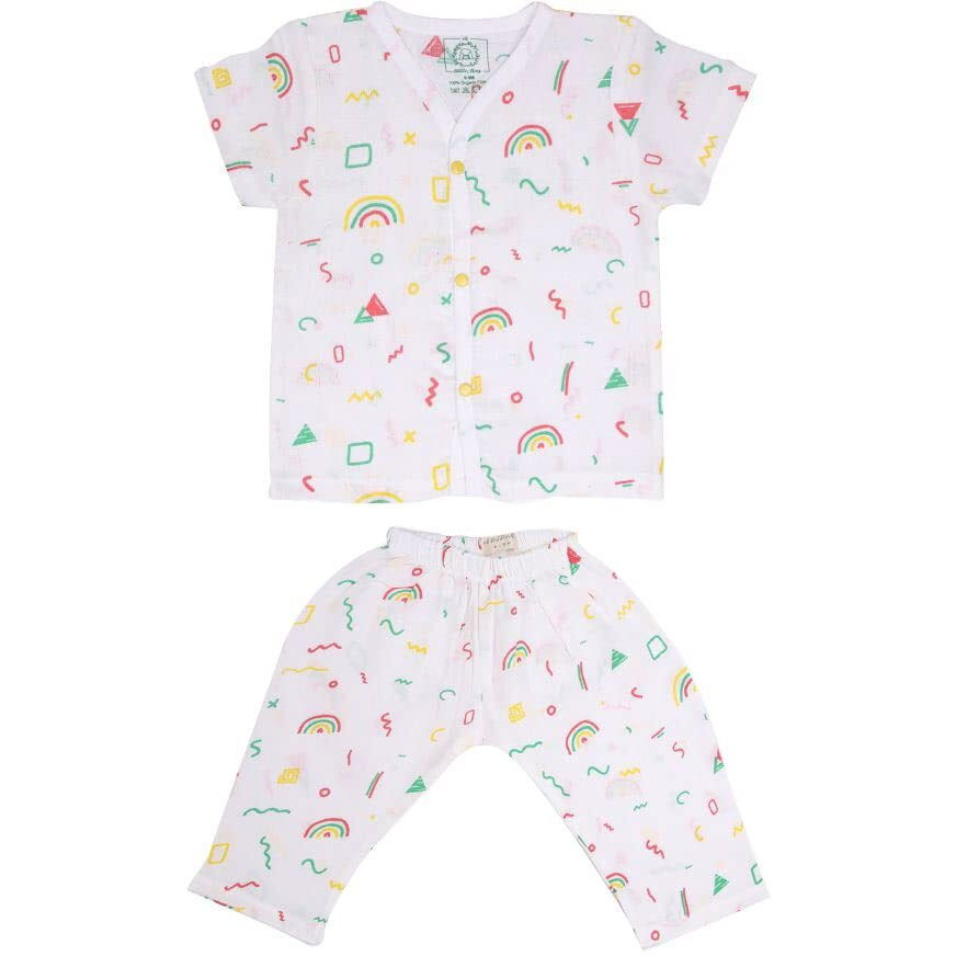 A toddler thing 100% Organic Muslin Sleepsuit - Jungle | White | Top & Pants | Size - 3-4 Years | Night Suit for Boys & Girls | Sleepwear Baby Products | Night Wear Pyjama Set | Full Cover Dress