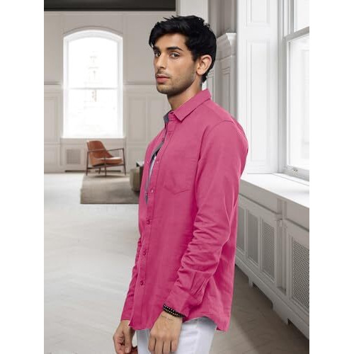 Pinkmint Casual Shirt for Men Stylish Mens Shirt Soild Regular Fit Long Sleeve Formal Wear Pink