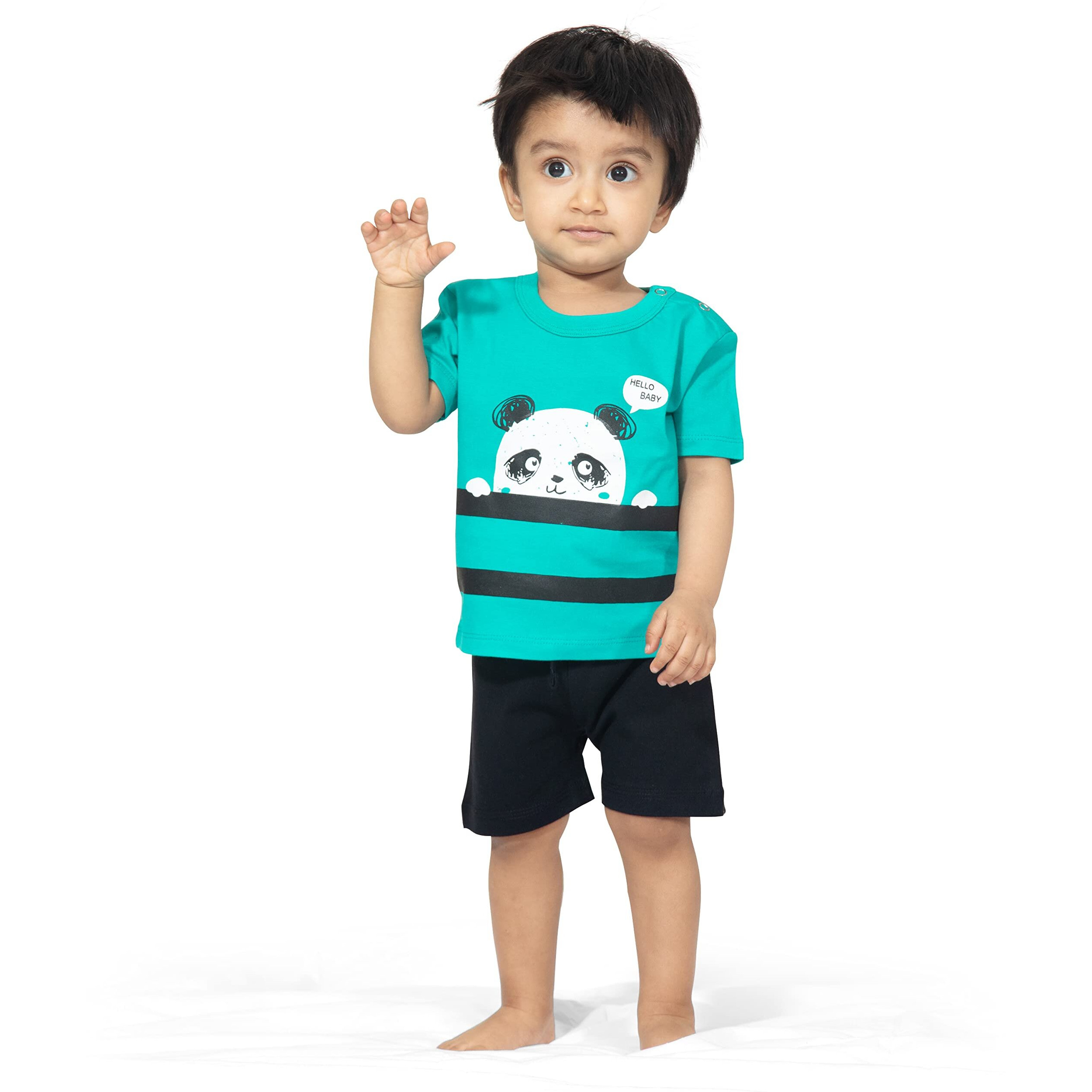 ARIEL Baby Boys & Baby girls Cotton Printed Round Neck Half Sleeve T-shirt & Short Trendy Summer Clothing Sets(AR-BHALFSS-NB-Hello-baby_Multicolor_New Born)