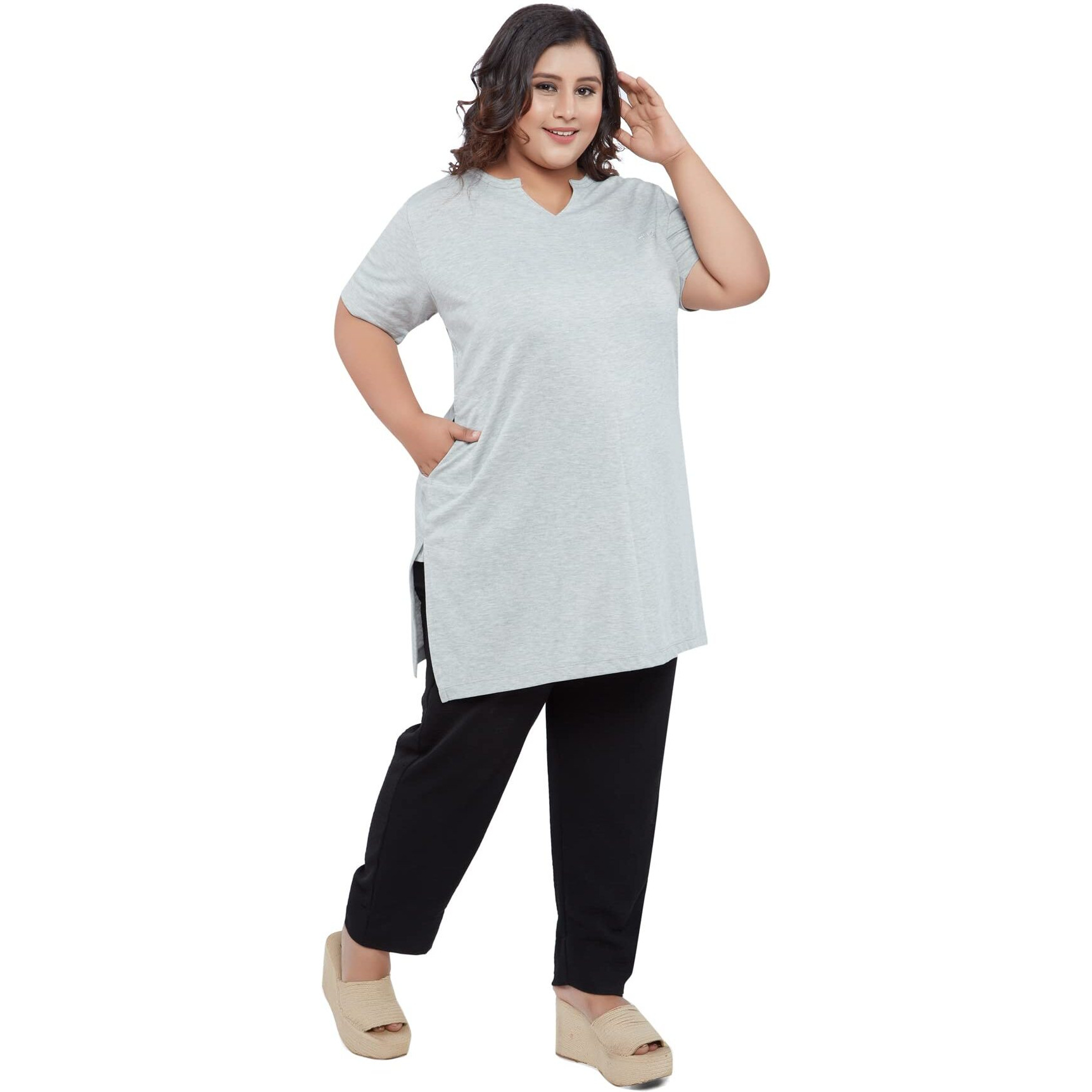 CUPID Womens Cotton Plus Size Plain Half Sleeves Long Top For Summer And Semi Summers With One Side Pocket For Ladies Solid Regular Fit T Shirt_Grey Top_4X-Large 4XL