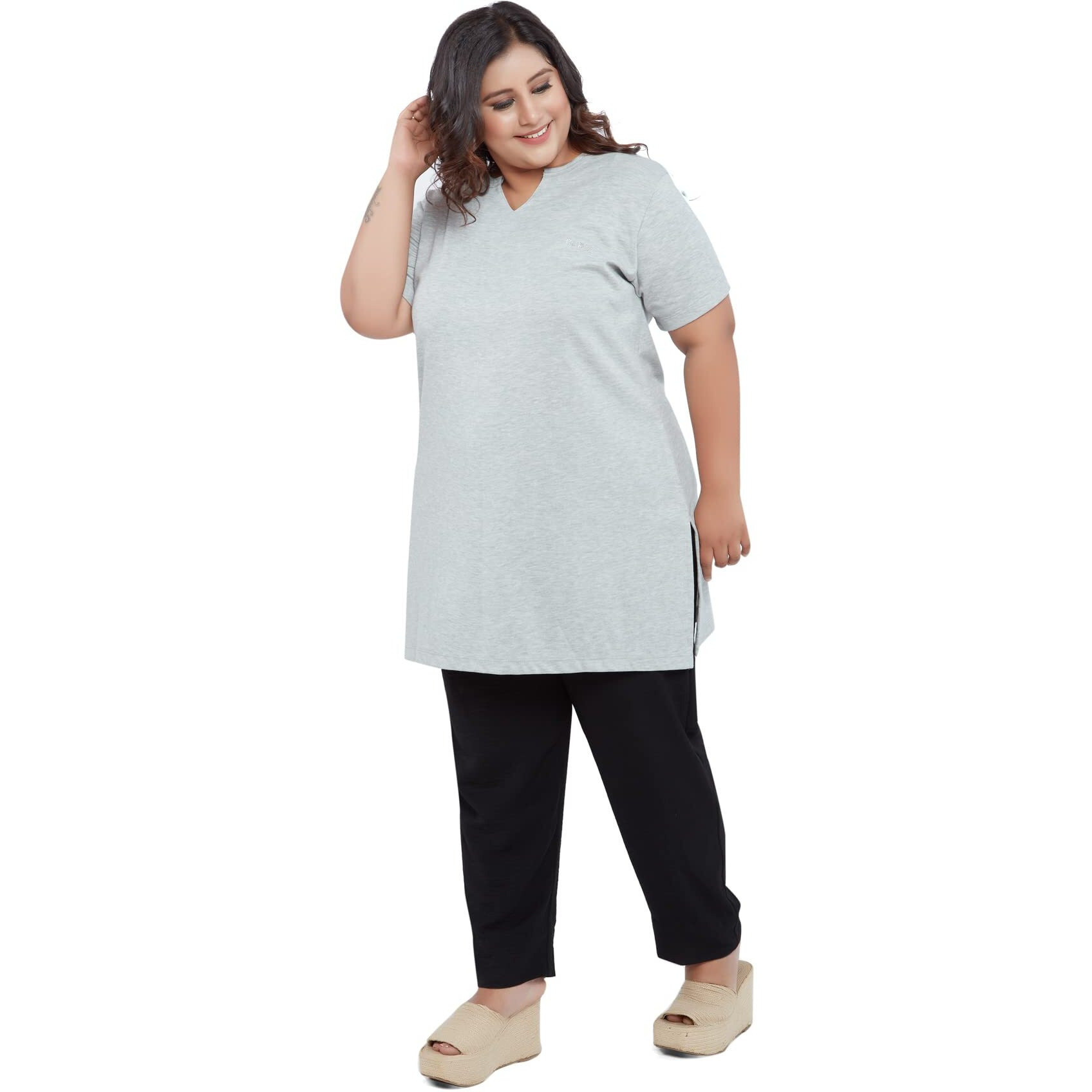 CUPID Womens Cotton Plus Size Plain Half Sleeves Long Top For Summer And Semi Summers With One Side Pocket For Ladies Solid Regular Fit T Shirt_Grey Top_4X-Large 4XL