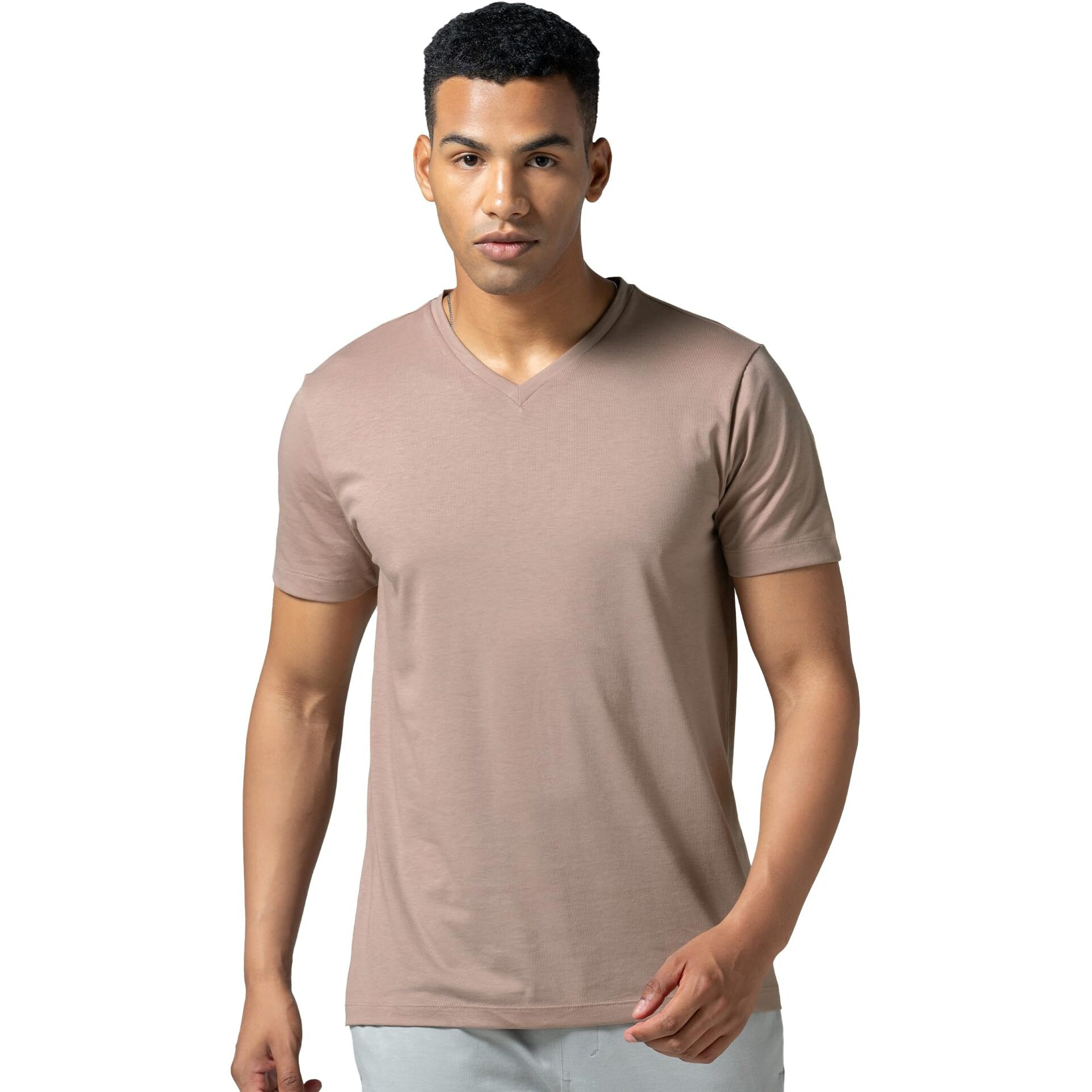 DAMENSCH Regular Fit Half Sleeve V Neck Tshirt Combed Cotton Blend Solid Lightweight Gold Finish Shine Softer Durable Casual Wear Lounge Wear Tshirt for Men-Dusty Mauve-XXL