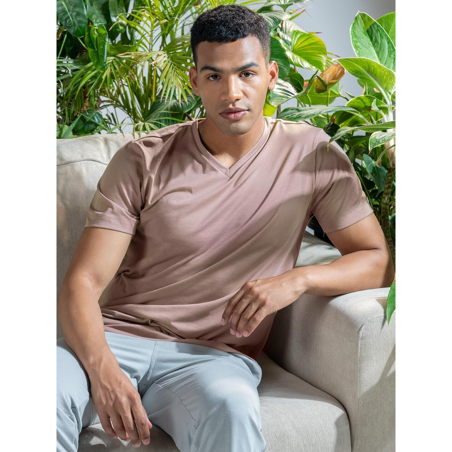 DAMENSCH Regular Fit Half Sleeve V Neck Tshirt Combed Cotton Blend Solid Lightweight Gold Finish Shine Softer Durable Casual Wear Lounge Wear Tshirt for Men-Dusty Mauve-XXL