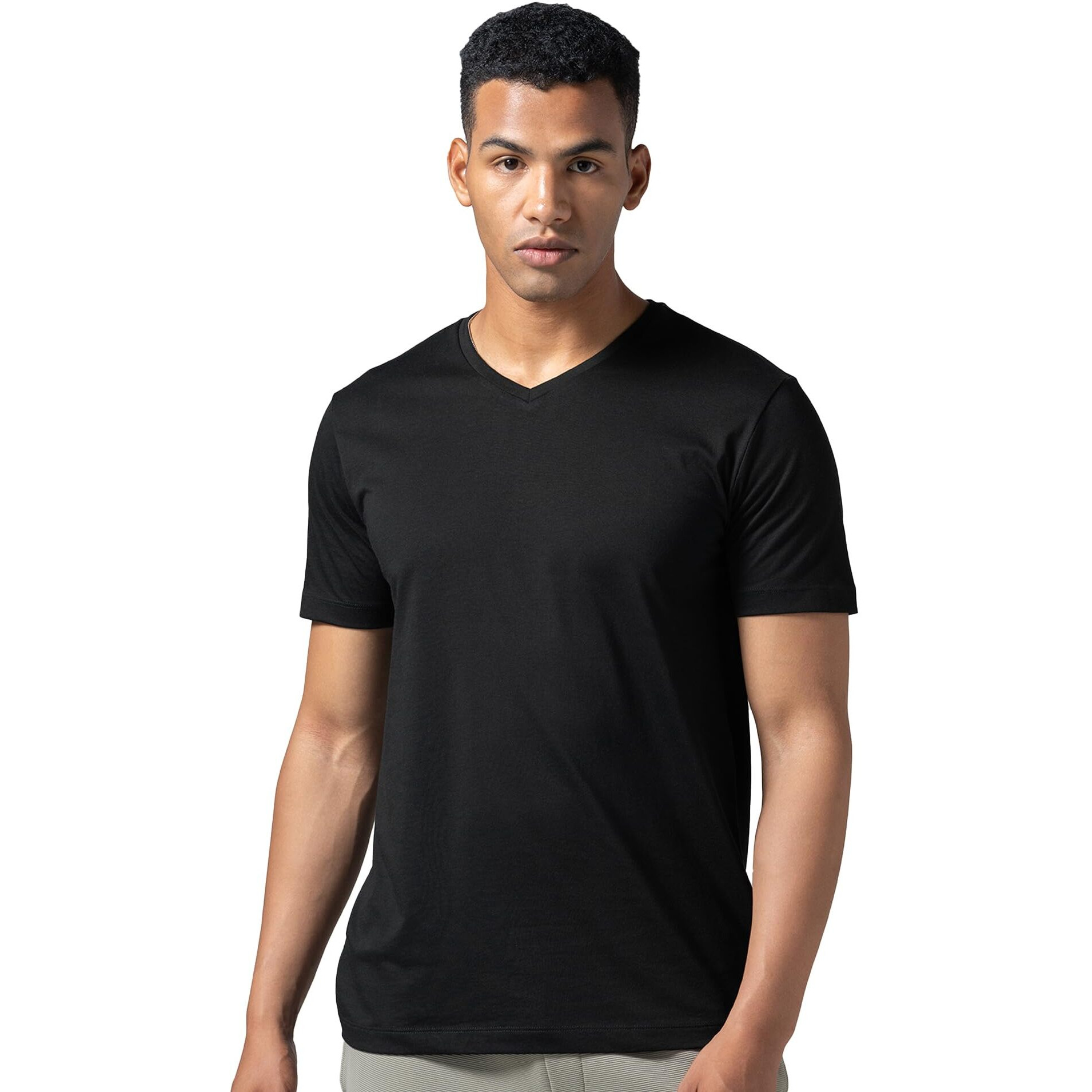 DAMENSCH Regular Fit Half Sleeve V Neck Tshirt Combed Cotton Blend Solid Lightweight Gold Finish Shine Softer Durable Casual Wear Lounge Wear Tshirt for Men-Jet Black-XXL