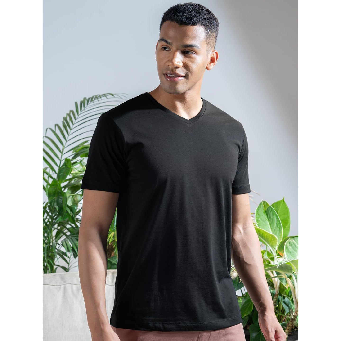 DAMENSCH Regular Fit Half Sleeve V Neck Tshirt Combed Cotton Blend Solid Lightweight Gold Finish Shine Softer Durable Casual Wear Lounge Wear Tshirt for Men-Jet Black-XXL