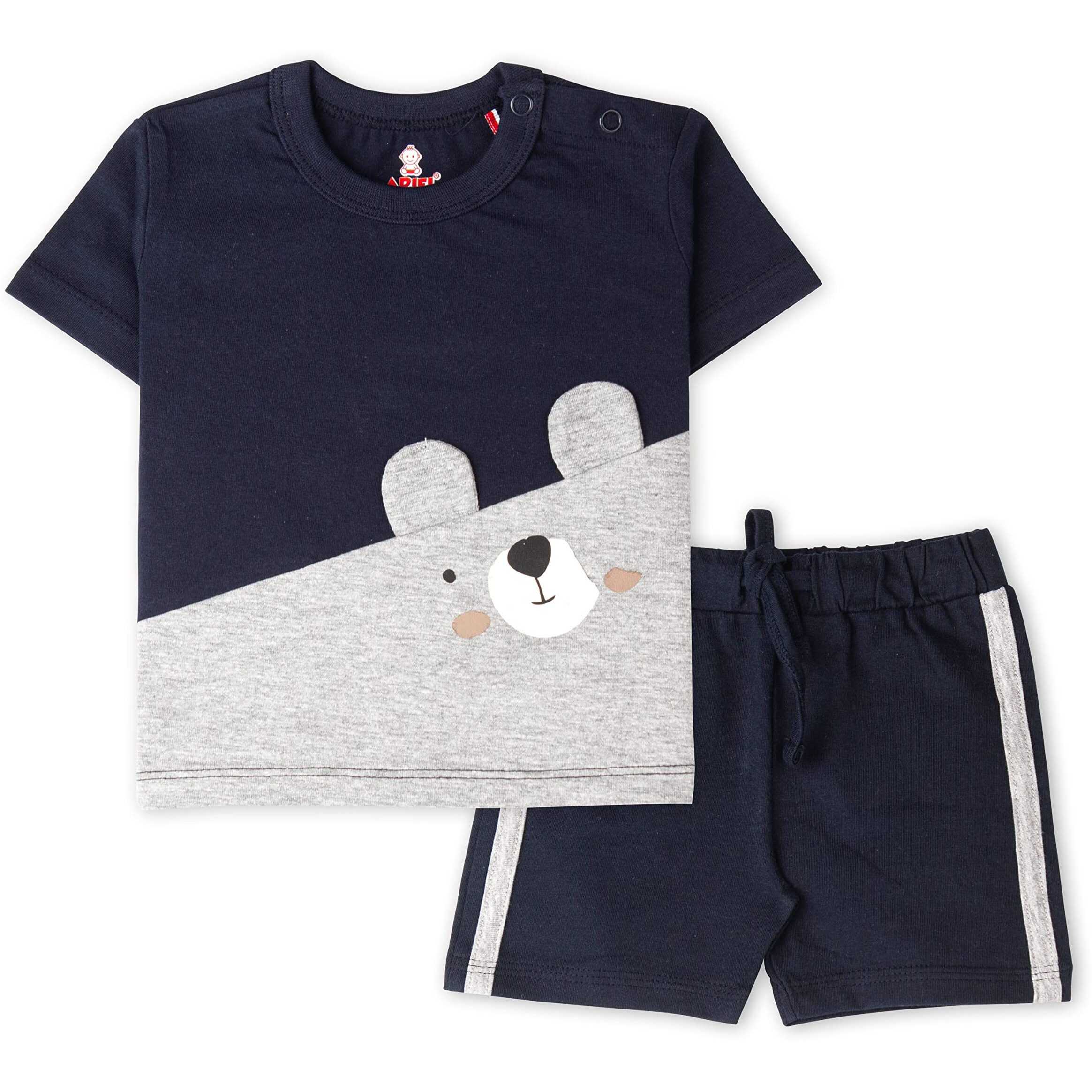 ARIEL Baby Boys & Baby girls Cotton Printed Round Neck Half Sleeve T-shirt & Short Trendy Summer Clothing Sets(AR-BHALFSS-1218-Navycross-face_Multicolor_12 Months - 18 Months)