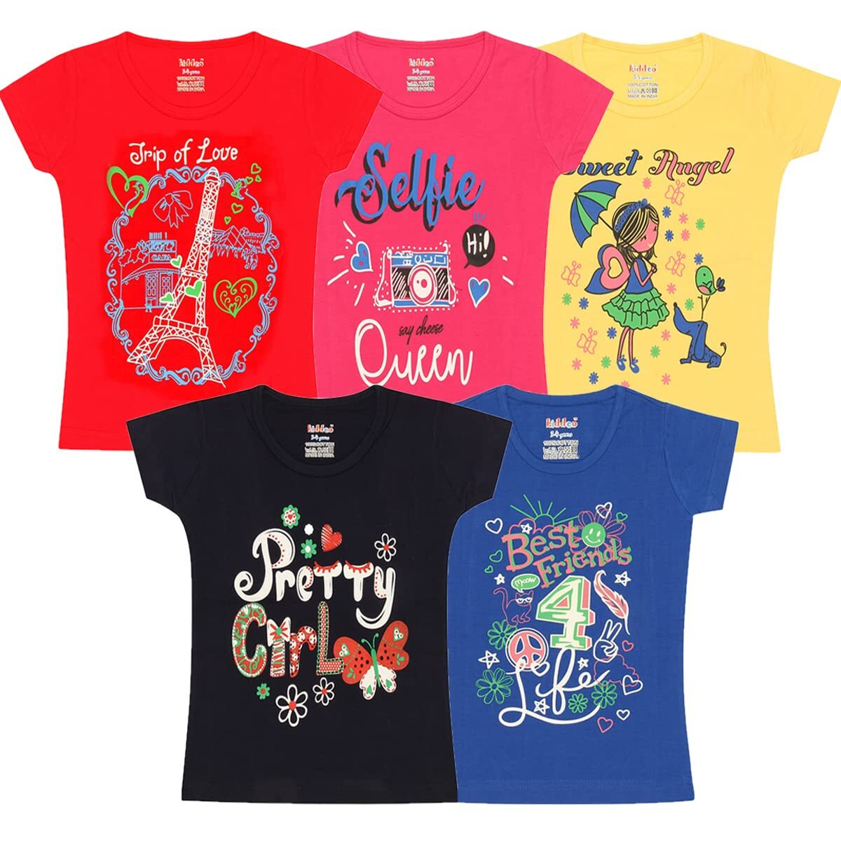 Kiddeo Girls Cotton T-Shirts (2-3 Years Multicolour) - Pack of 5