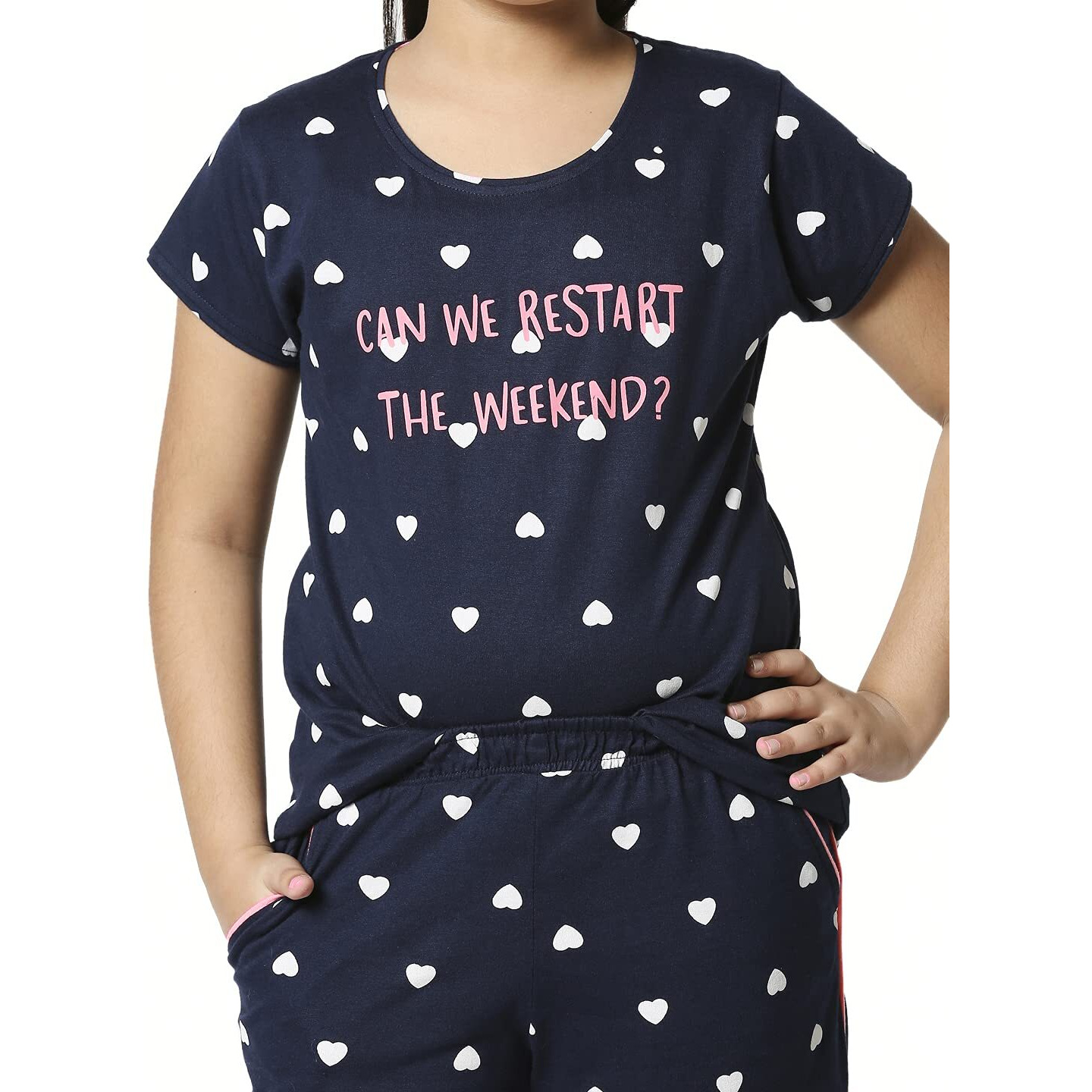 ZEYO Girls Night Suit Set Cotton Heart Print Navy Blue Night dress 5503