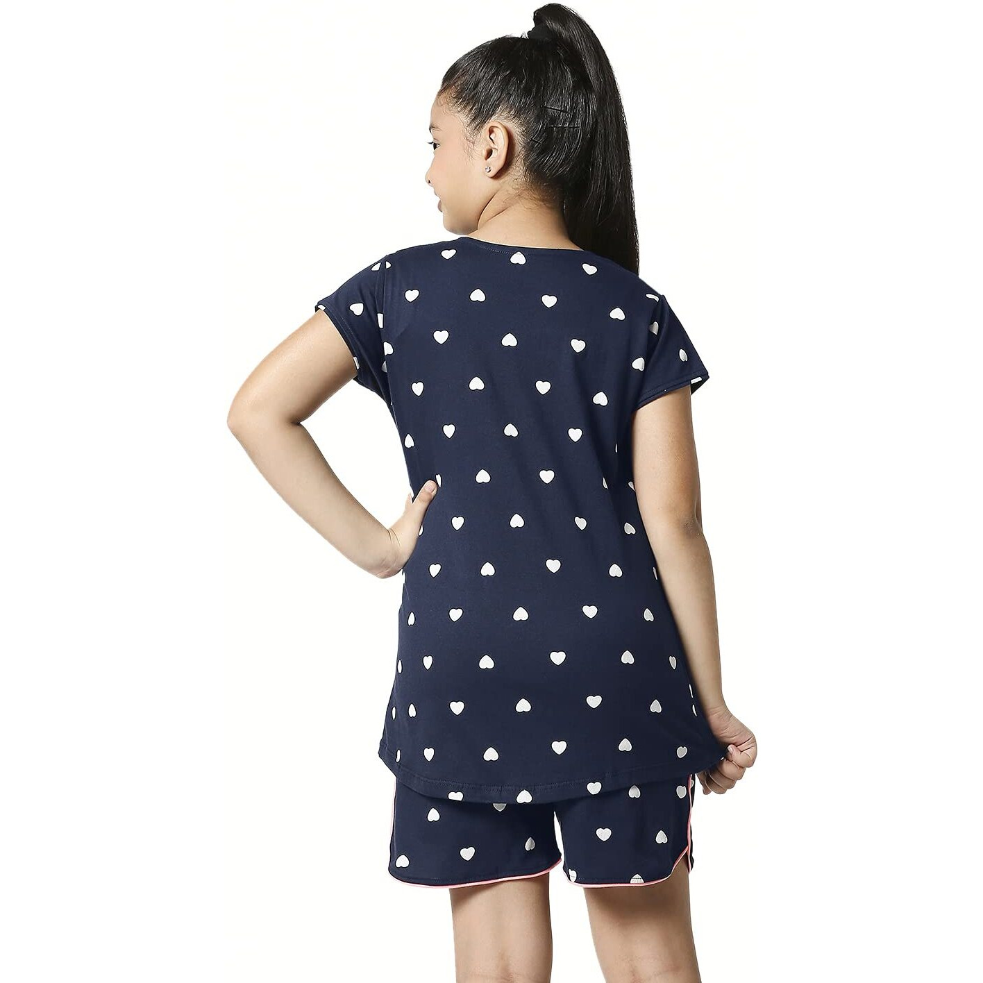 ZEYO Girls Night Suit Set Cotton Heart Print Navy Blue Night dress 5503