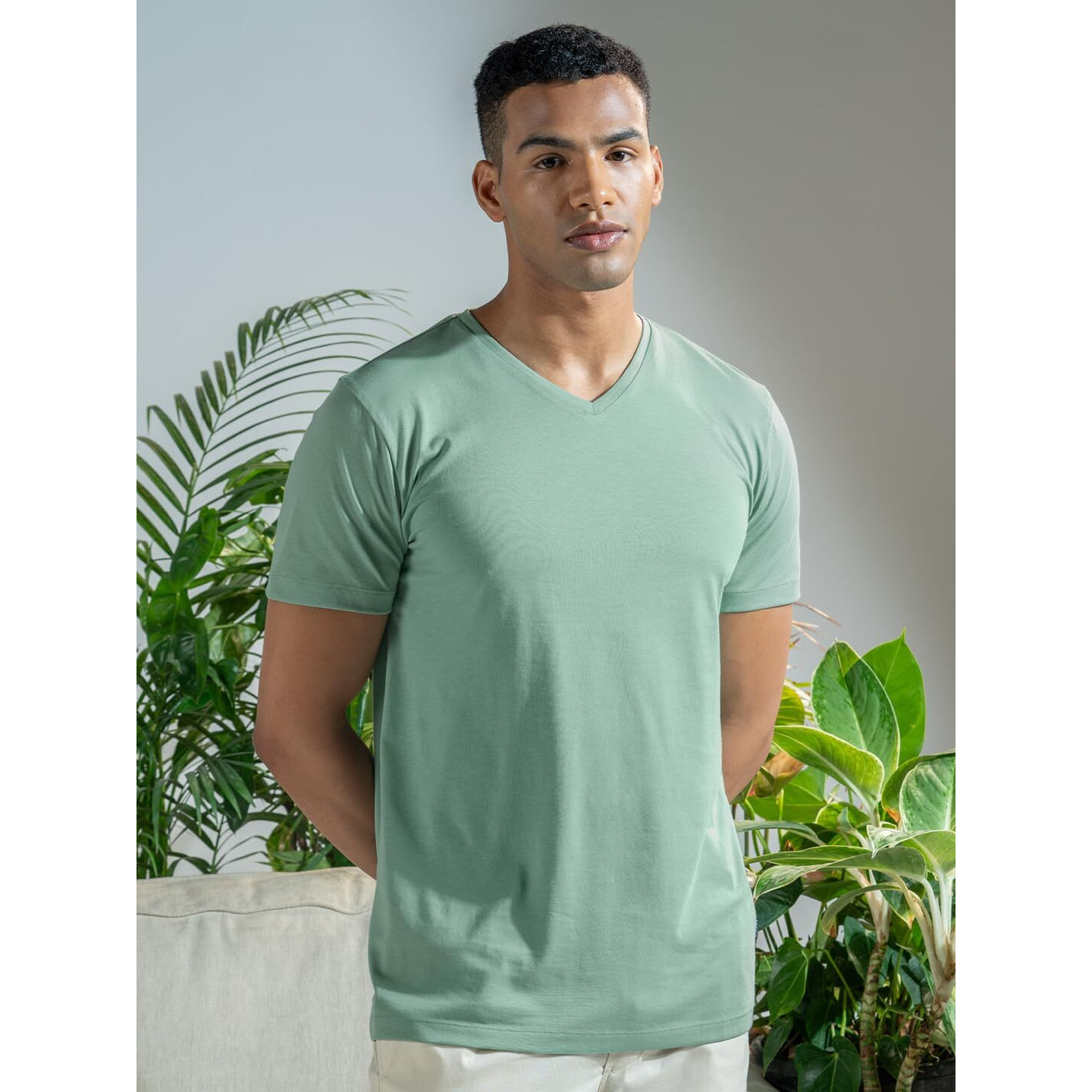 DAMENSCH Regular Fit Half Sleeve V Neck Tshirt Combed Cotton Blend Solid Lightweight Gold Finish Shine Softer Durable Casual Wear Lounge Wear Tshirt for Men-Misty Green-L