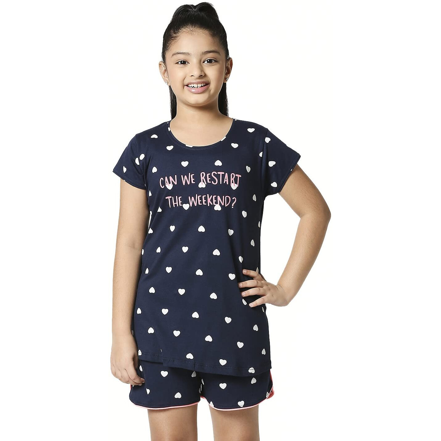 ZEYO Girls Night Suit Set Cotton Heart Print Navy Blue Night dress 5503