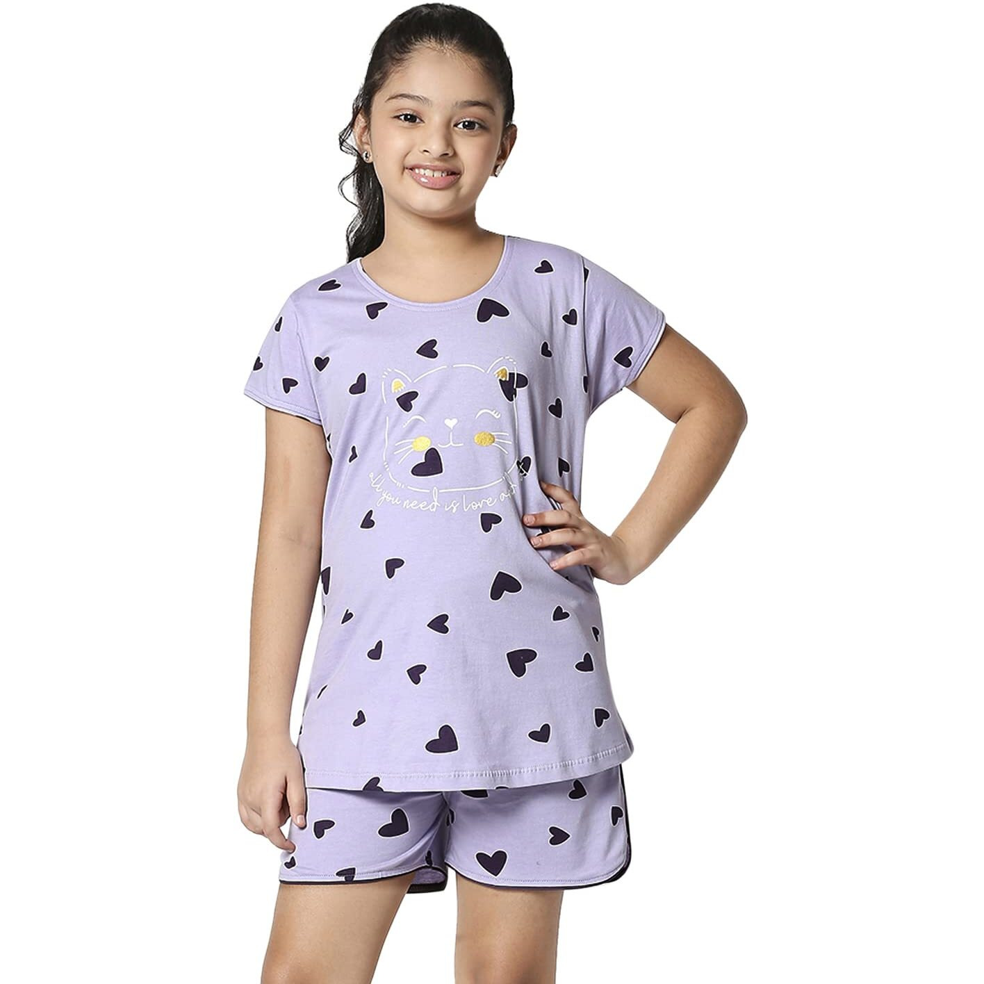 ZEYO Girls Night Suit Set Cotton Heart Print Voilet Night dress 5502