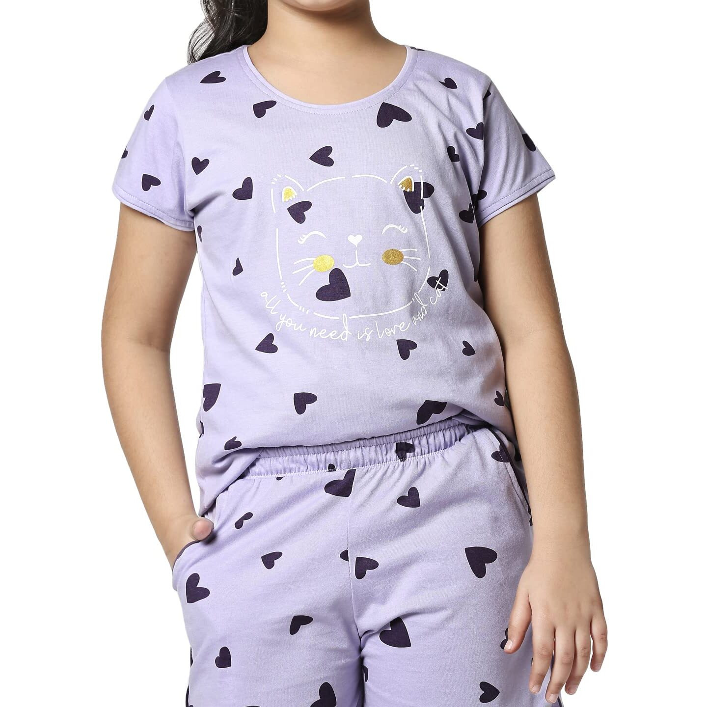 ZEYO Girls Night Suit Set Cotton Heart Print Voilet Night dress 5502