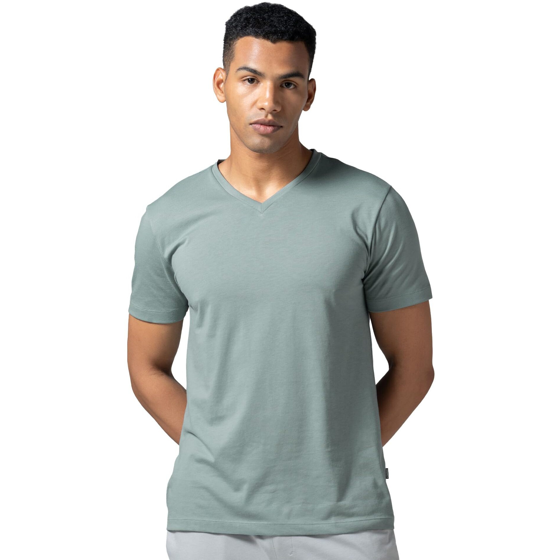 DAMENSCH Regular Fit Half Sleeve V Neck Tshirt Combed Cotton Blend Solid Lightweight Gold Finish Shine Softer Durable Casual Wear Lounge Wear Tshirt for Men-Lunar Grey-S