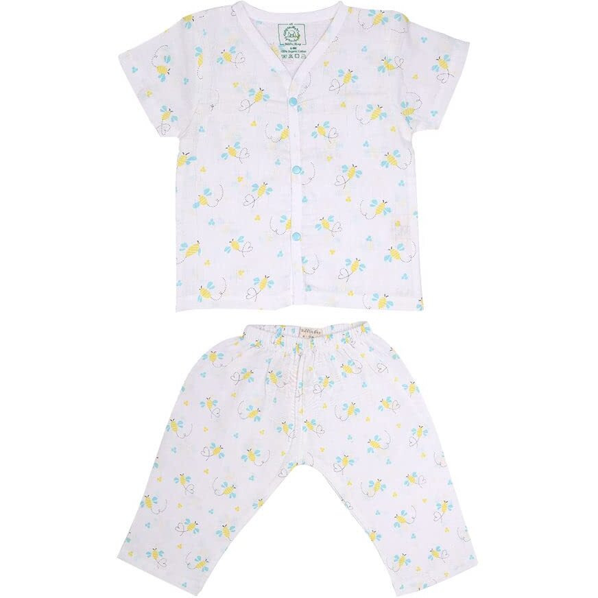 A toddler thing 100% Organic Muslin Sleepsuit | Top & Pants | Night Suit for Boys & Girls | Sleepwear Baby Products | Night Wear Rompers | Full Cover Dress | Color Buzzing Bee | White | Size - 6-9m