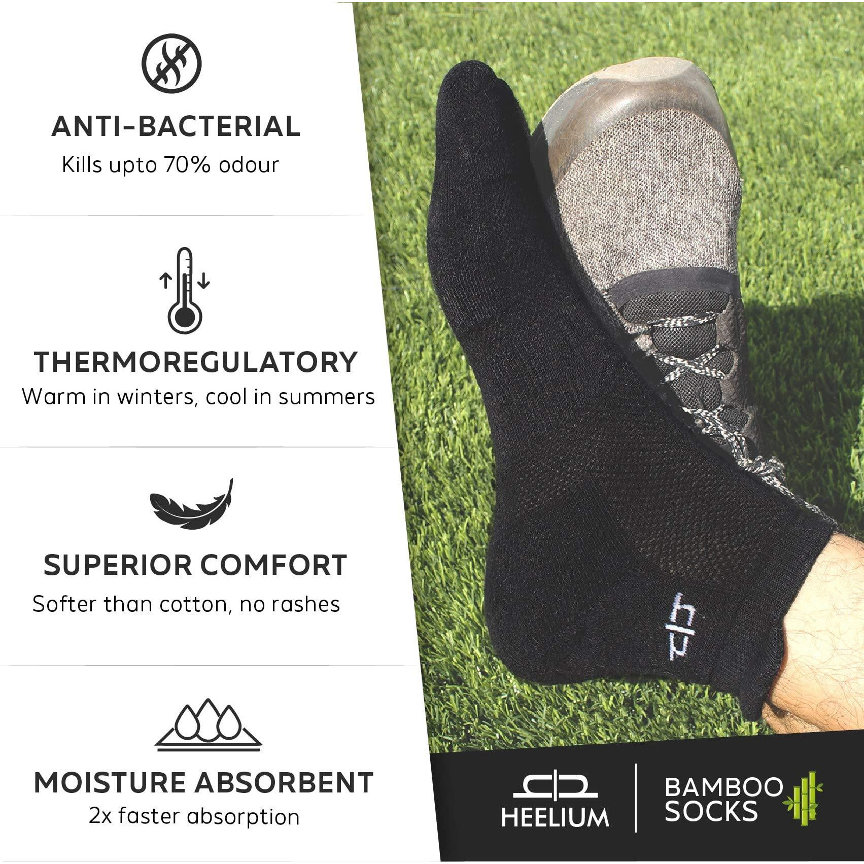 HEELIUM Bamboo Socks for Women Ankle Length Anti-Odour & Breathable Padded Base & Anti-bacterial Softer than Cotton Made in India