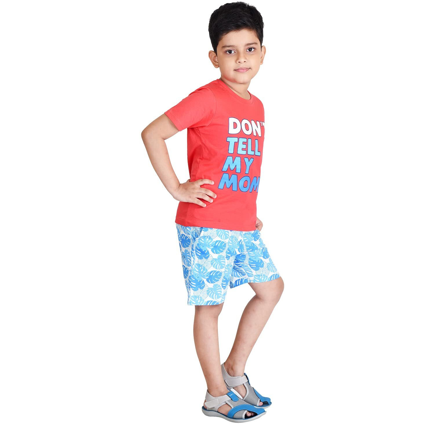 Clothe Funn Boys Coordinate Set Tshirt Shorts Set (Coral/White 11-12 Years)