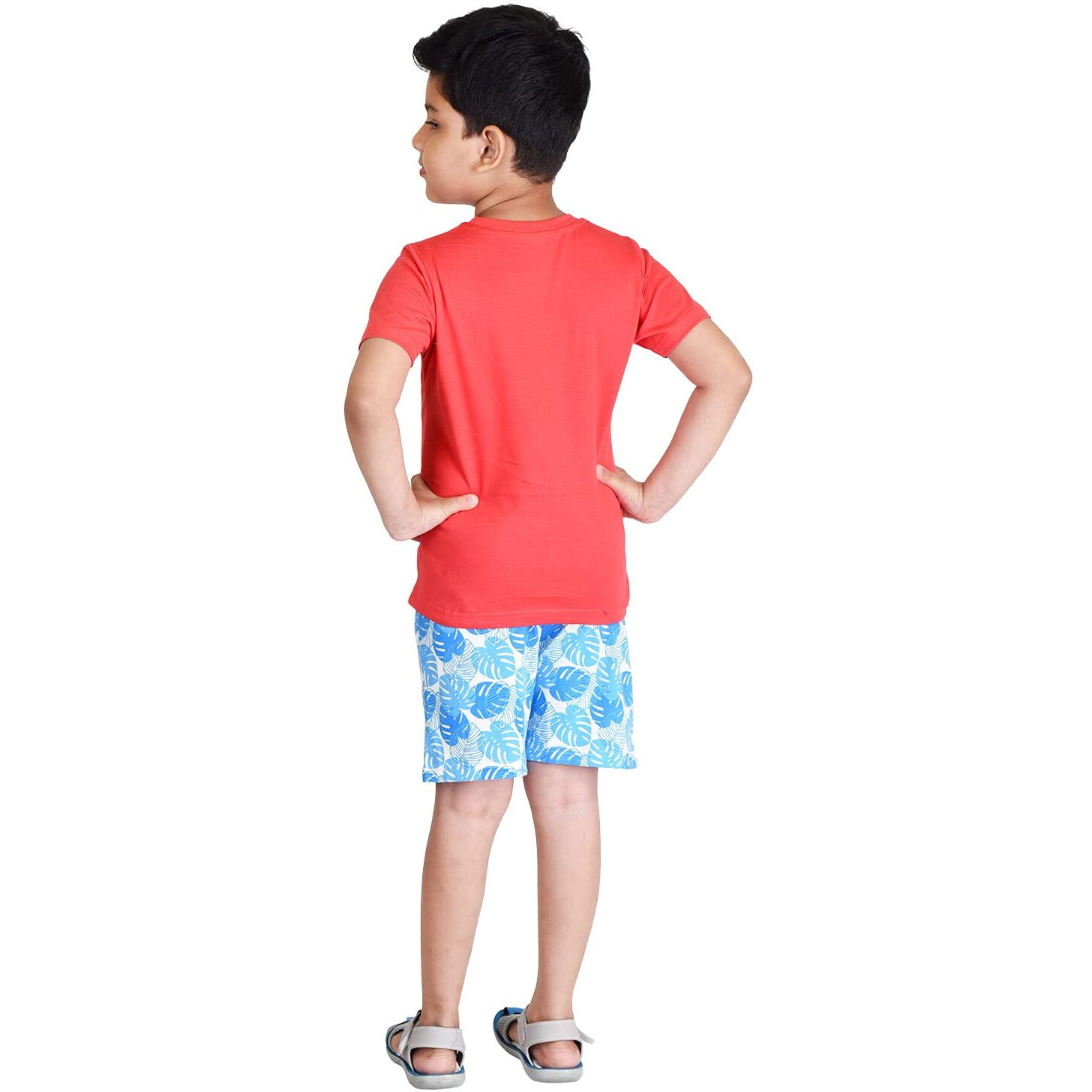 Clothe Funn Boys Coordinate Set Tshirt Shorts Set (Coral/White 11-12 Years)