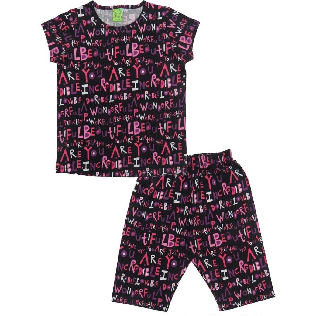 Clothe Funn Girls Co-Ordinate Set Girls Nightwear Set (11-12 Years Black AOP)