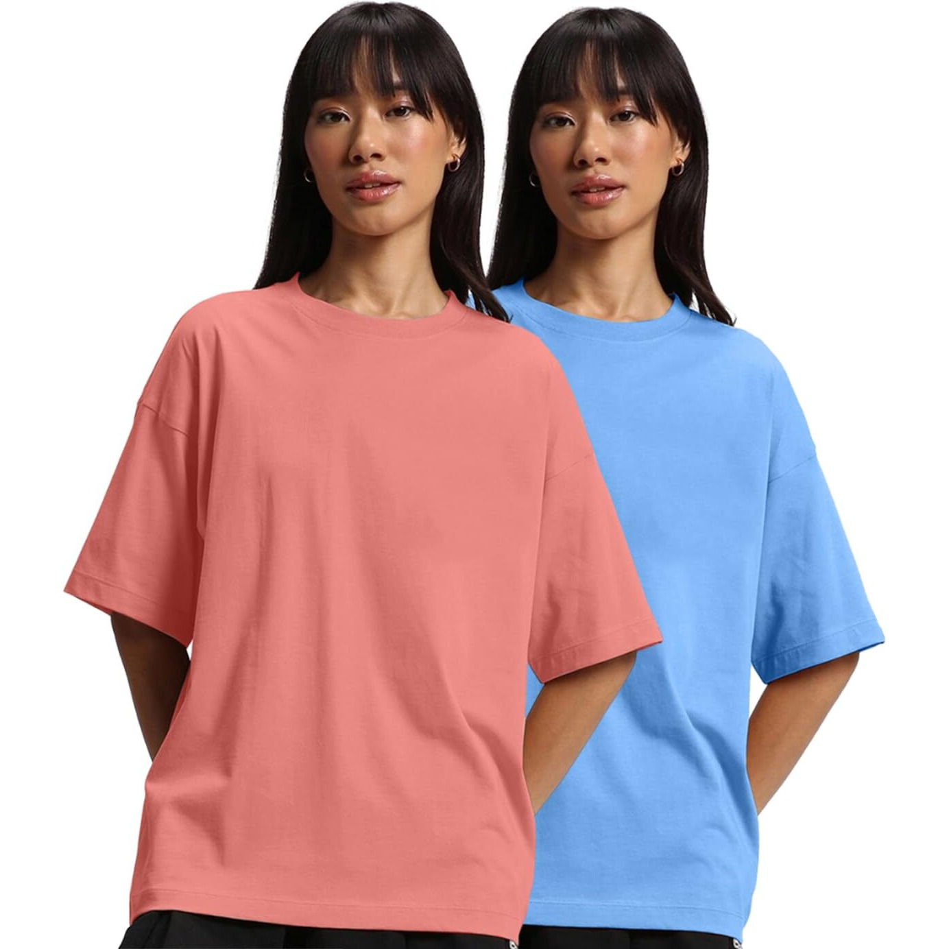 JUNEBERRY Pure Cotton Drop Shoulder Oversized Baggy Fit Half Sleeve Plain Solid Round Neck Multicolor T-Shirt for Women & Girls (Pack of 2) (PO2_OS_JB_AB_SN_XXL)