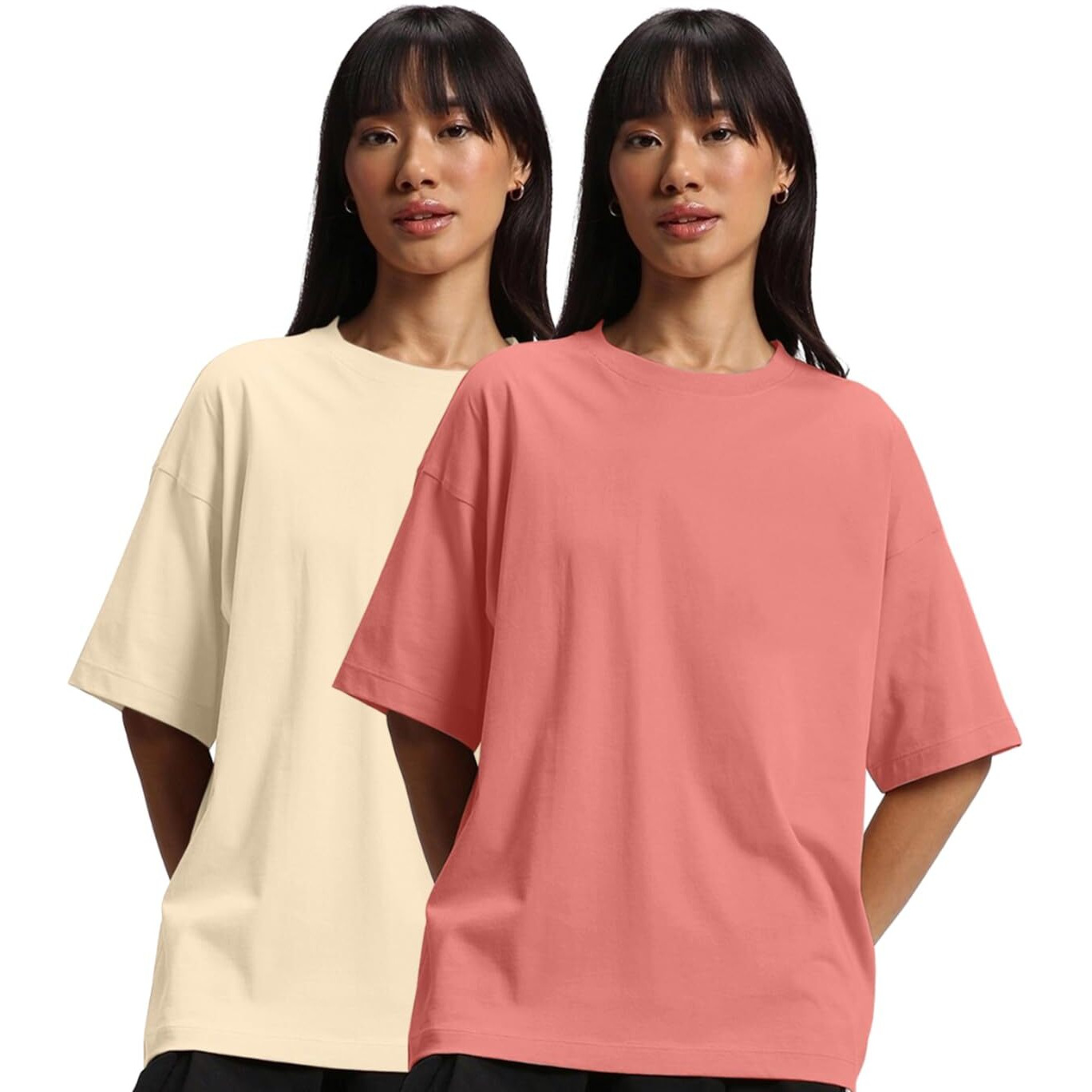 JUNEBERRY Pure Cotton Drop Shoulder Oversized Baggy Fit Half Sleeve Plain Solid Round Neck Multicolor T-Shirt for Women & Girls (Pack of 2) (PO2_OS_JB_SN_SW_XXL)