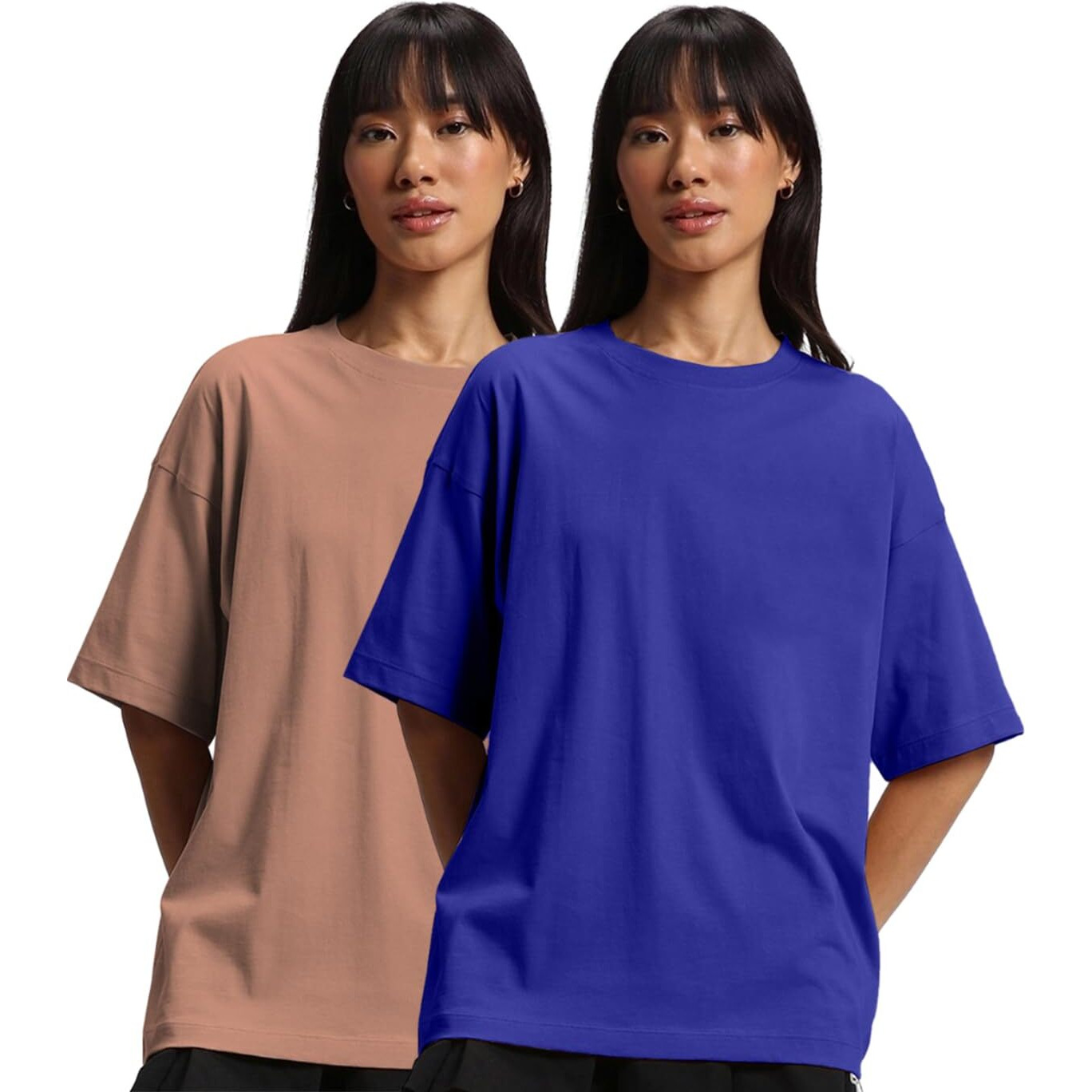 JUNEBERRY Pure Cotton Drop Shoulder Oversized Baggy Fit Half Sleeve Plain Solid Round Neck Multicolor T-Shirt for Women & Girls (Pack of 2) (PO2_OS_JB_RB_CR_L)