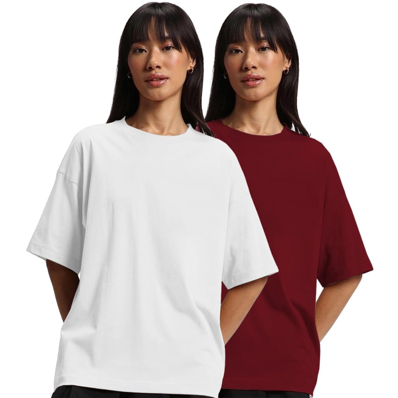 JUNEBERRY Pure Cotton Drop Shoulder Oversized Baggy Fit Half Sleeve Plain Solid Round Neck Multicolor T-Shirt for Women & Girls (Pack of 2) (PO2_OS_JB_MR_WT_L)