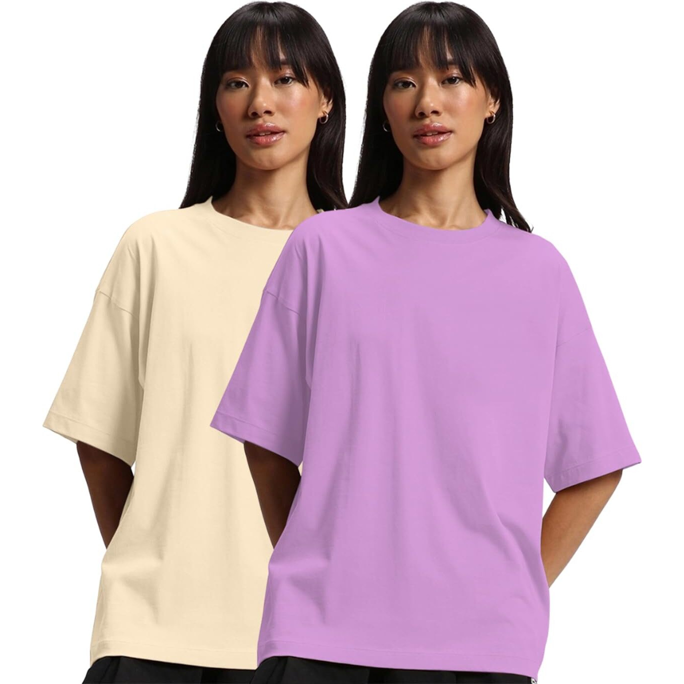 JUNEBERRY Pure Cotton Drop Shoulder Oversized Baggy Fit Half Sleeve Plain Solid Round Neck Multicolor T-Shirt for Women & Girls (Pack of 2) (PO2_OS_JB_LC_SW_L)