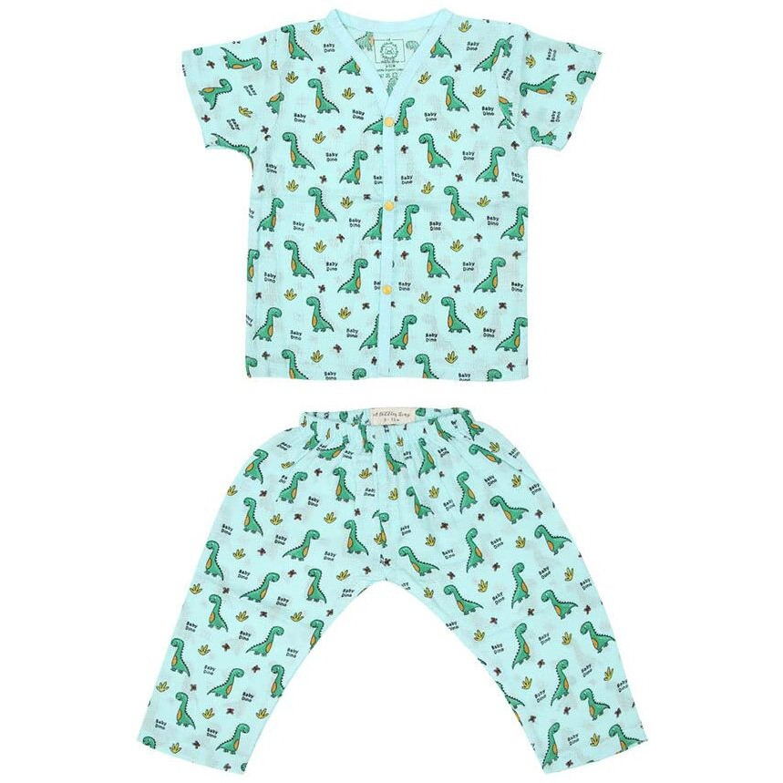 A Toddler Thing 100% Organic Muslin Sleepsuit | Top & Pants | Night Suit for Boys & Girls | Sleepwear Baby Products | Night Wear Rompers | Full Cover Dress | Color Baby Dino | Blue | Size- 6-9 Months