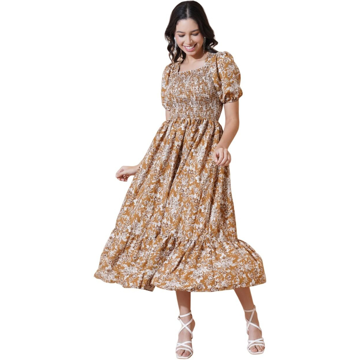 KZULLY | Elegance Smocked A-line Midi Dress - Superior Comfort & Chic Style Mustard