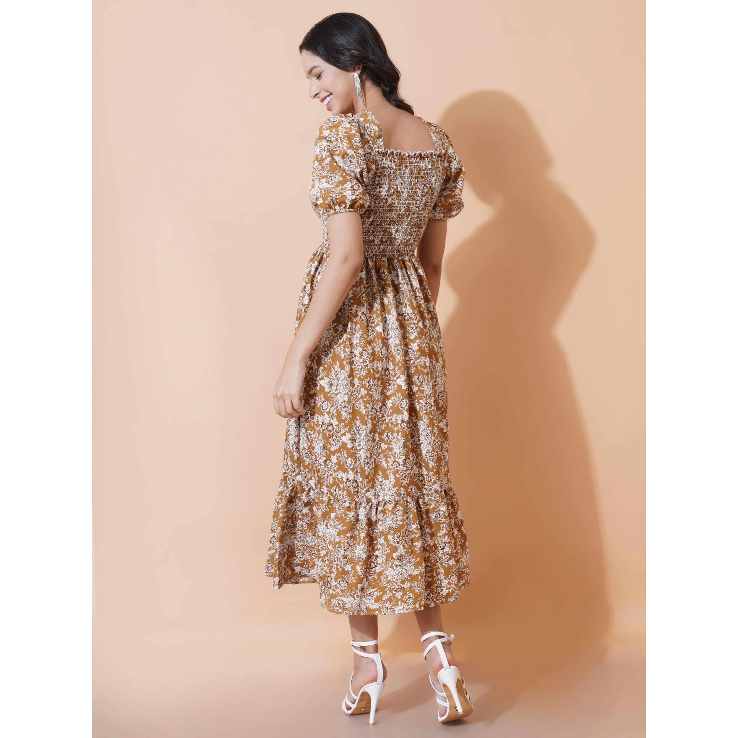 KZULLY | Elegance Smocked A-line Midi Dress - Superior Comfort & Chic Style Mustard