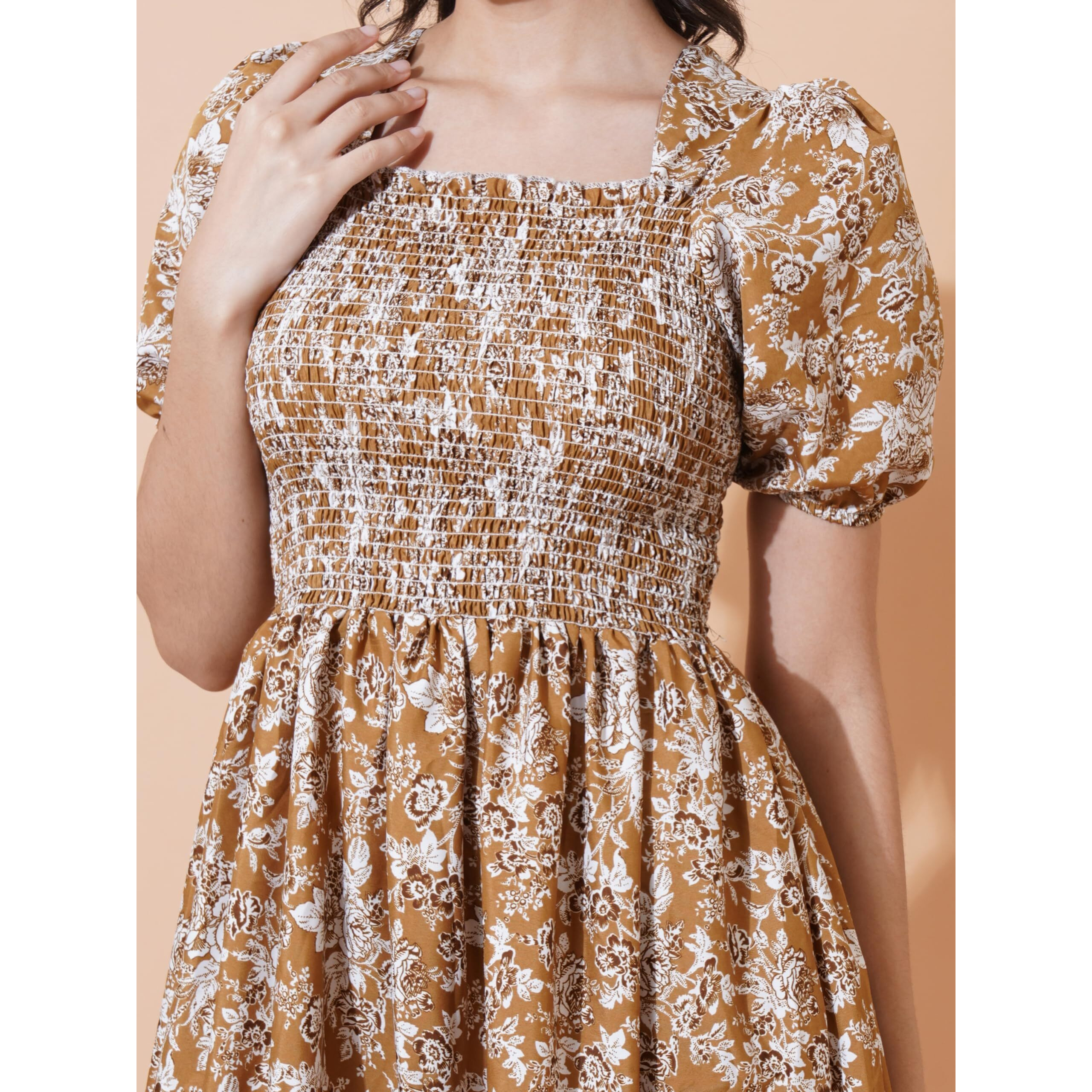 KZULLY | Elegance Smocked A-line Midi Dress - Superior Comfort & Chic Style Mustard