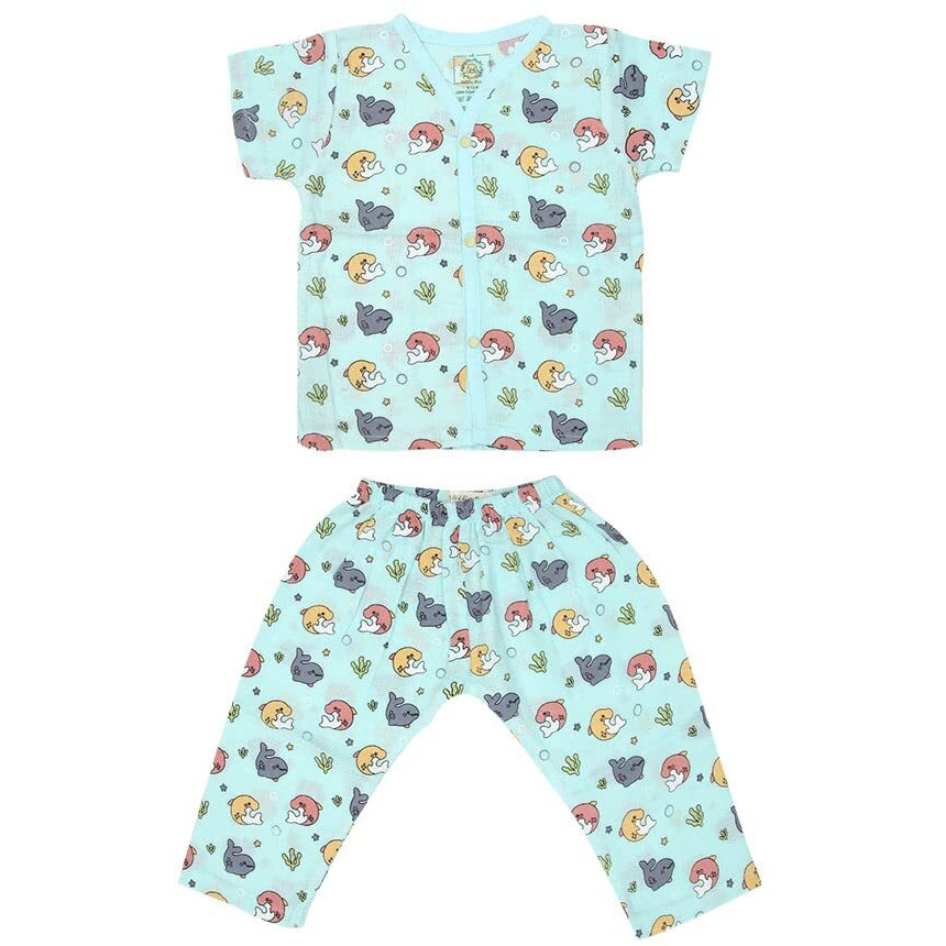 A Toddler Thing 100% Organic Muslin Sleepsuit | Top & Pants | Night Suit for Boys & Girls | Sleepwear Baby Products | Night Wear Rompers | Full Cover Dress | Color Dollyfin | Blue | Size - 6-9 Months