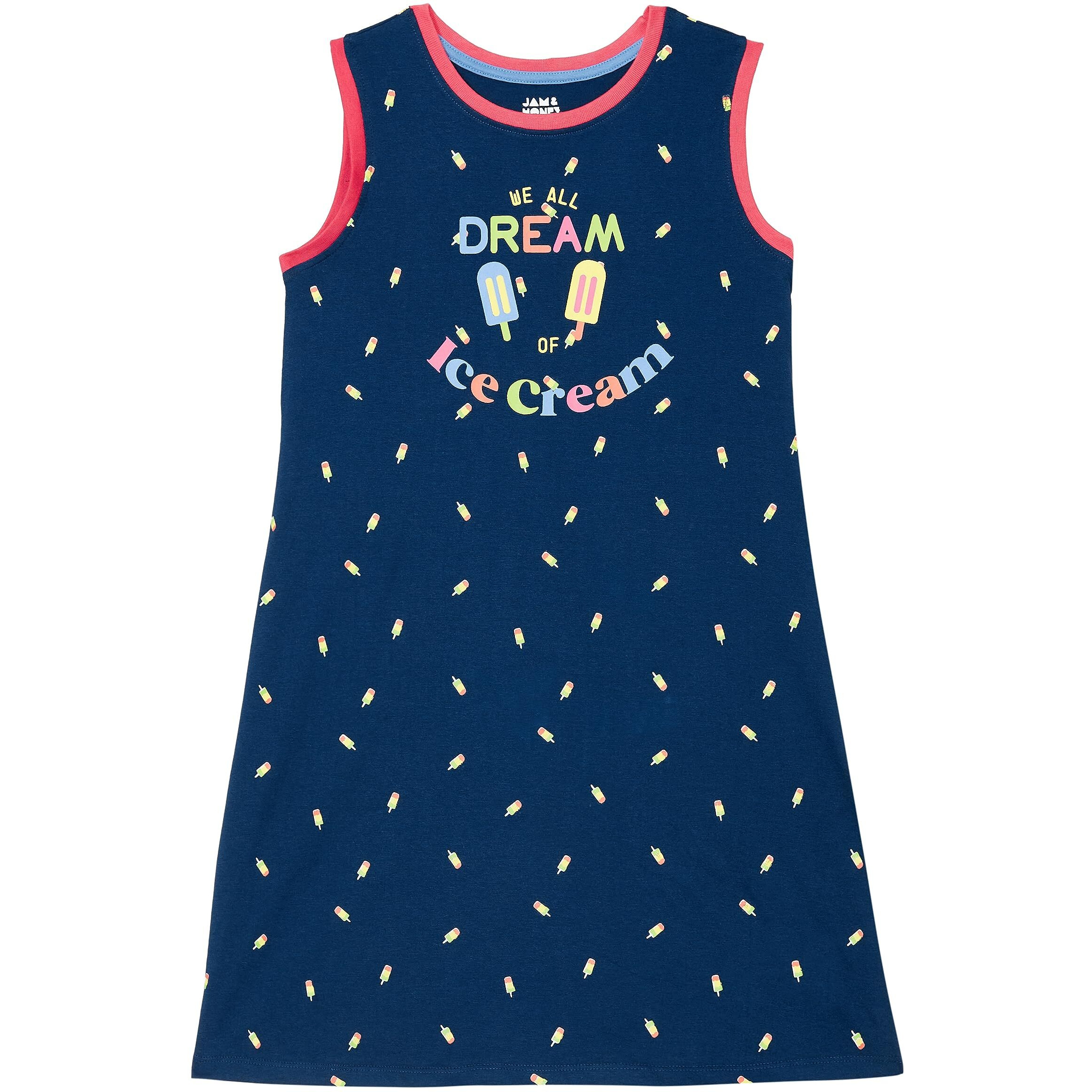 Amazon Brand - Jam & Honey Girls Cotton Printed Regular Fit Sleeveless above The Knee Dress Multicolour 6-7 Years