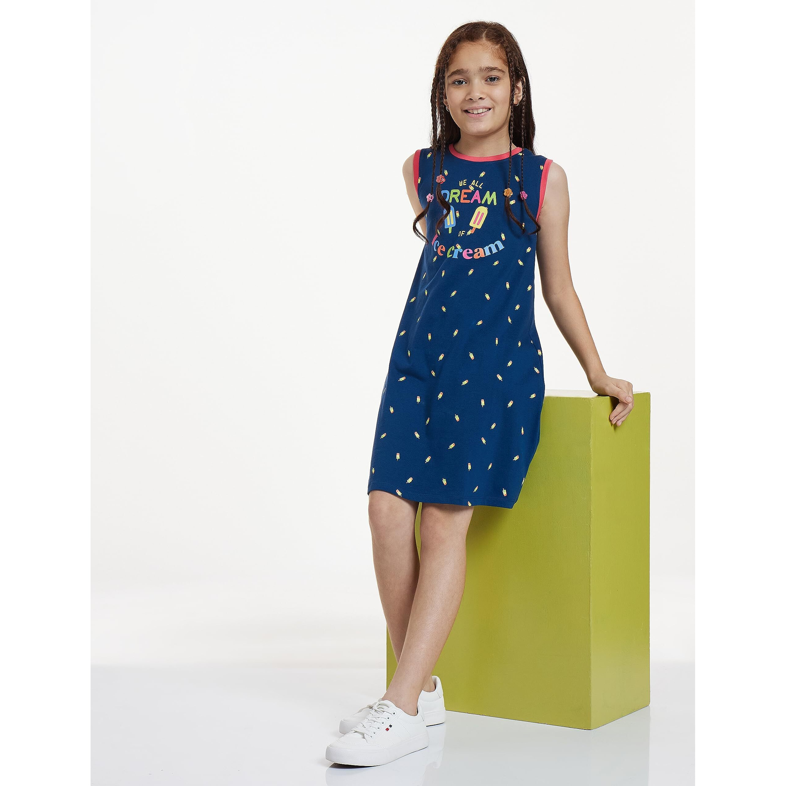 Amazon Brand - Jam & Honey Girls Cotton Printed Regular Fit Sleeveless above The Knee Dress Multicolour 6-7 Years