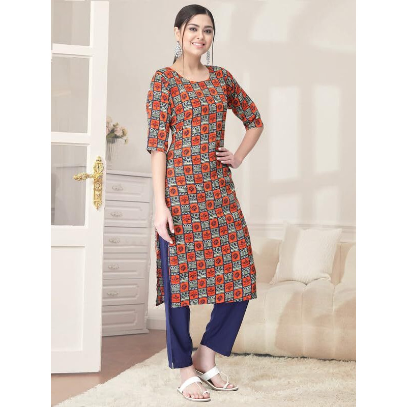 Pinkmint Kurta Set for Women Cotton Printed Straight Kurta with Pant (Pack of 1)