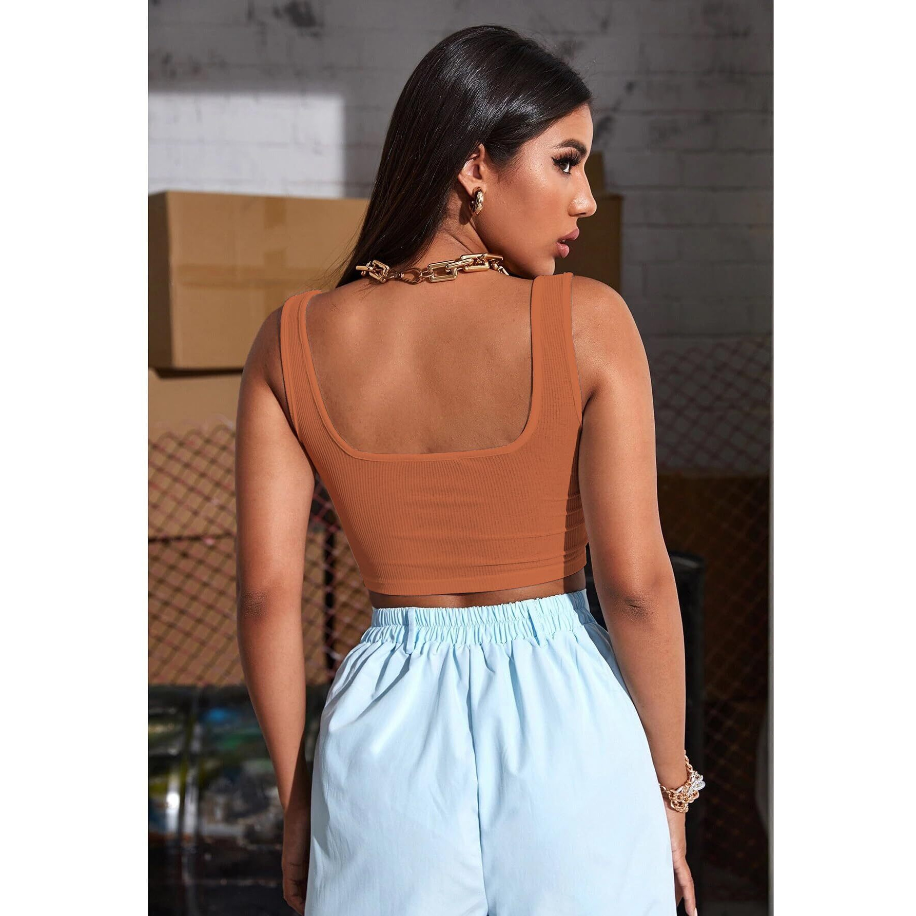 Sugathari Womens & Girls Solid Ribbed Boat Neck Sleeveless Crop Tops for Women (Top 36 Orange S)