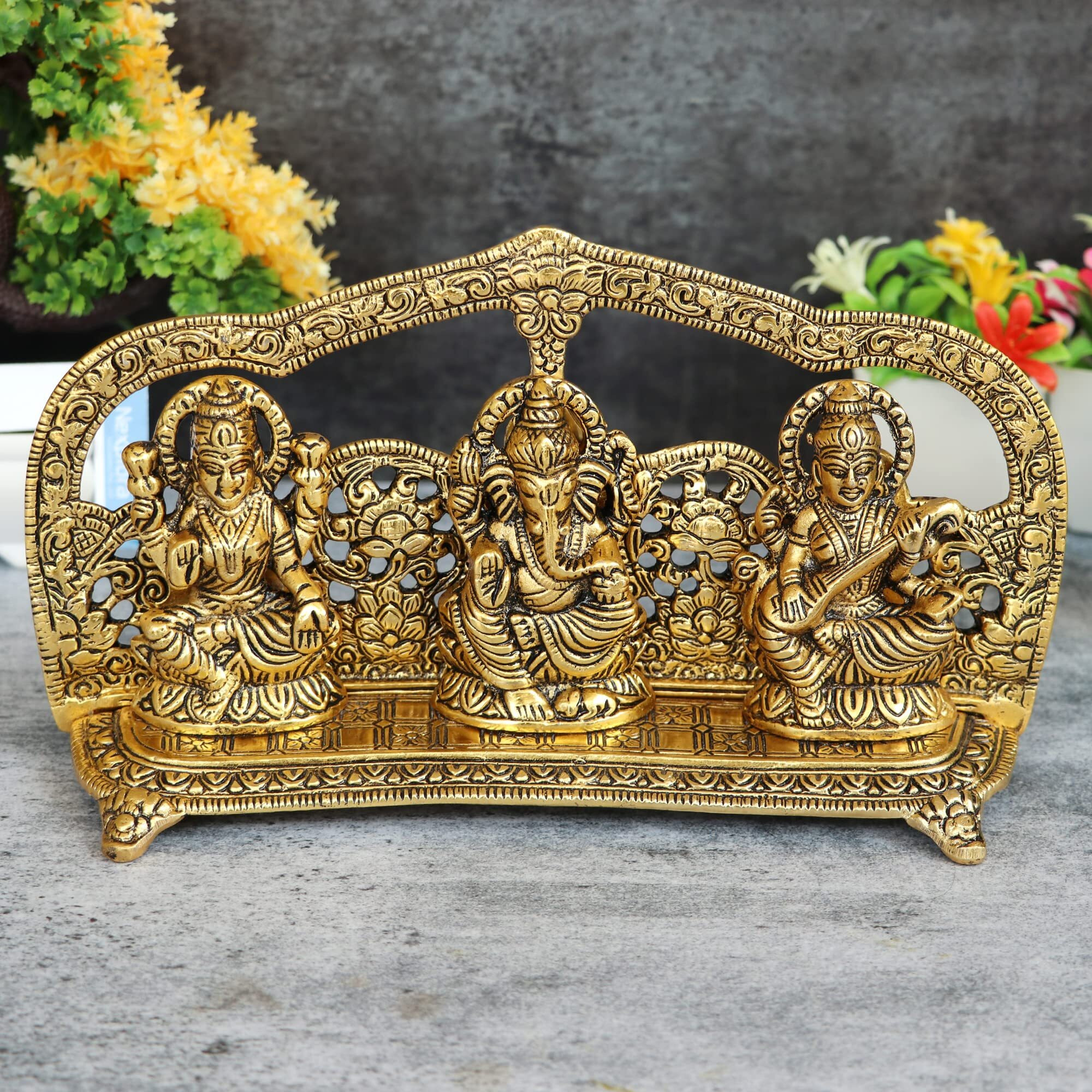 Nexplora Industries Pvt. Ltd. Metal Laxmi Ganesh Saraswati Idol, Large, Gold, 1 Piece