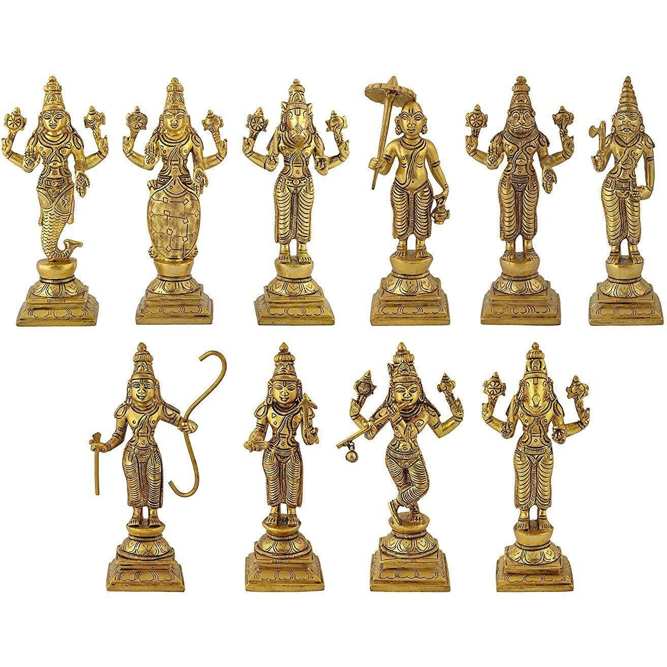 ARTVARKO Brass Dashavatara Dasavatharam of Lord Vishnu Statues Ten Incarnations Avatars Idol Murti (Gold Color 6 Inch.10 pcs,4.5 Kg)