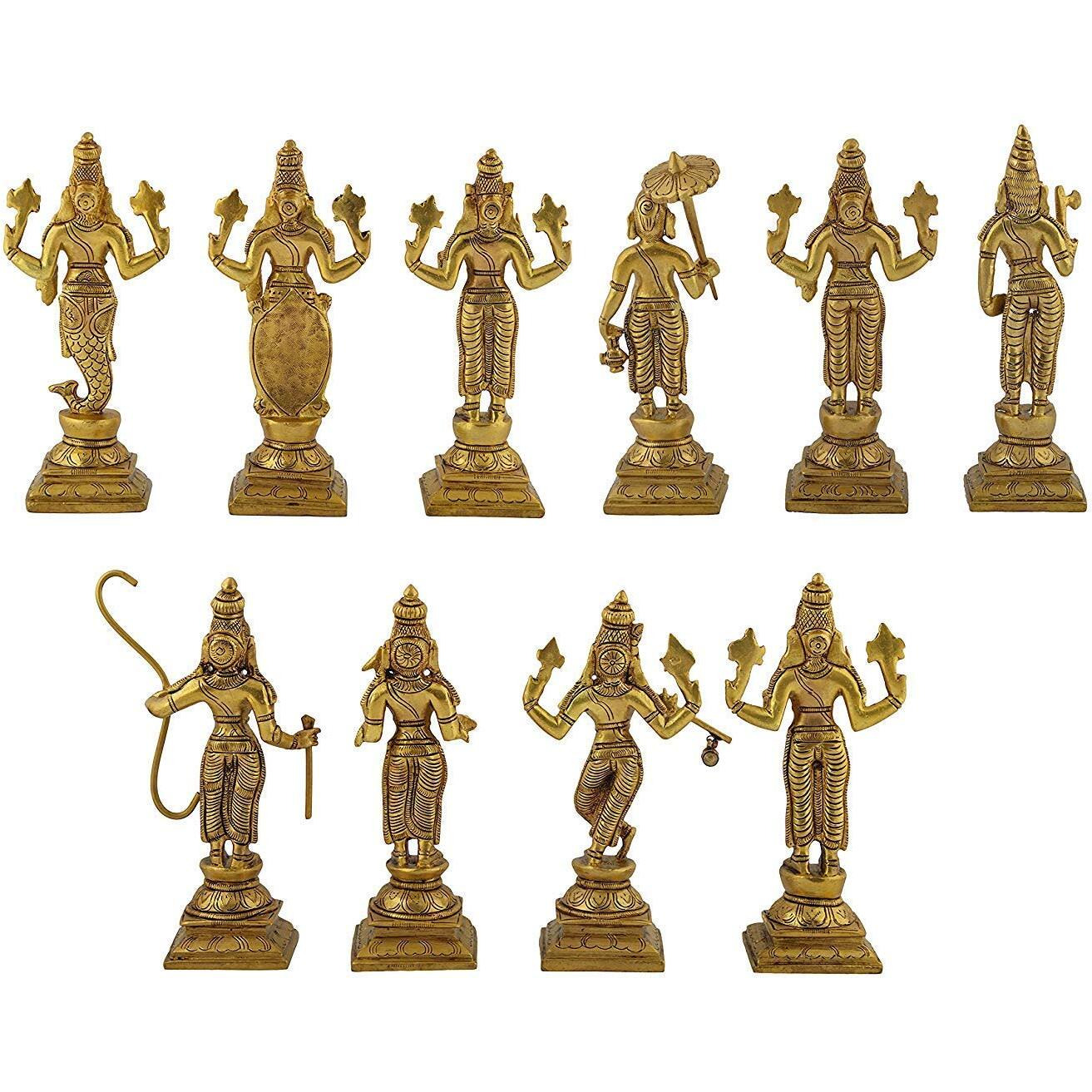 ARTVARKO Brass Dashavatara Dasavatharam of Lord Vishnu Statues Ten Incarnations Avatars Idol Murti (Gold Color 6 Inch.10 pcs,4.5 Kg)