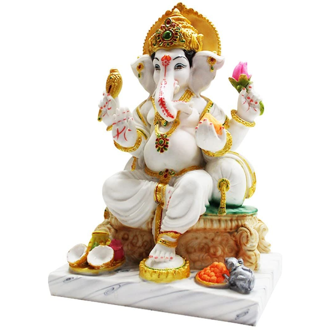 FABZONE Marble Dust Ganesha Statue | Ganpati | Vinayak, White&Gold, 13.5 Inches, 1 Piece