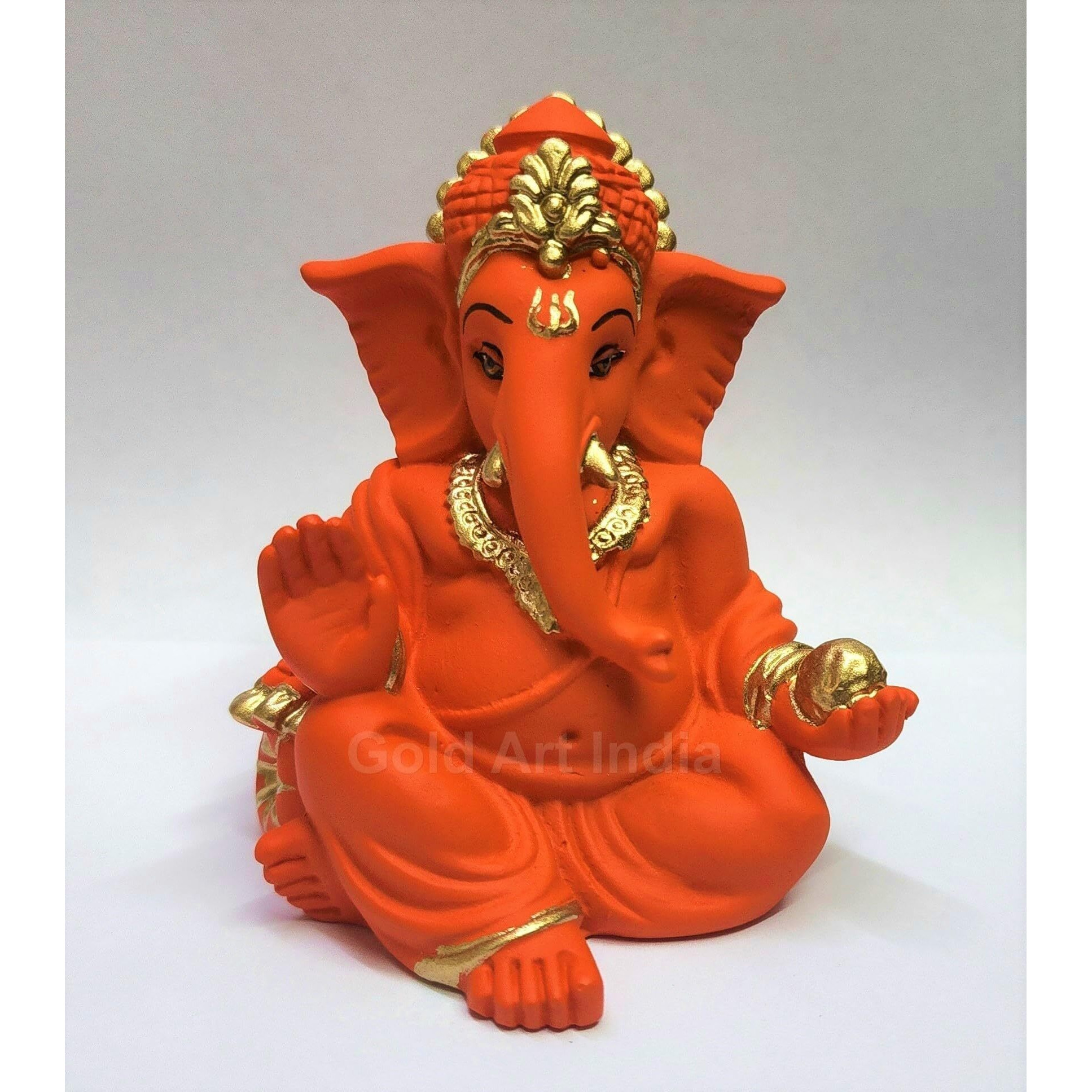 Gold Art India Gaddi Ganesha Ganesh Idol for Car Dashboard Ganesha Murti Ganpati Idol for Home Decor Puja Lord Ganesh Statue Gift for Office Desk Puja Room Figurine (Orange Terracotta)