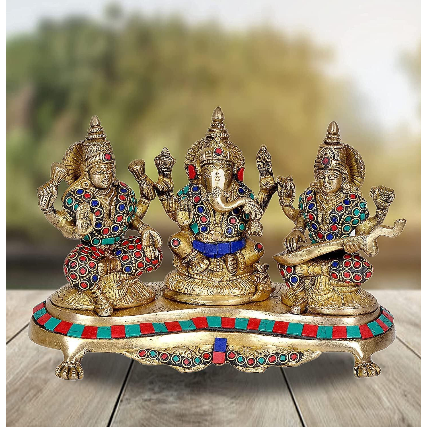 Amazon Brand  Umi Brass Lakshmi Ganesha Saraswati Statue Idol for Home Decor Mandir Diwali | Height  6 Inches (Aqua)