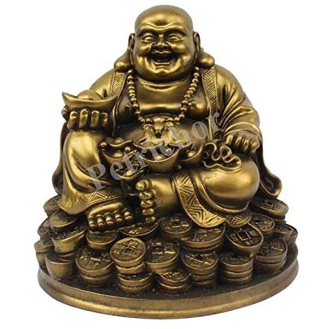 Petrichor Fengshui Laughing Buddha Sitting on Luck Money Coins Carrying Golden Ingot for Good Luck & Happiness (5 Inches) - Home Deocration & Gifting