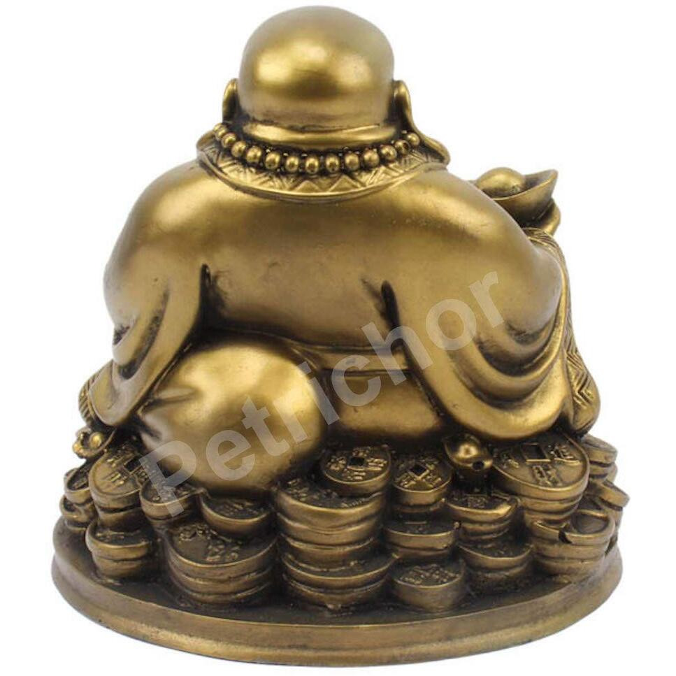 Petrichor Fengshui Laughing Buddha Sitting on Luck Money Coins Carrying Golden Ingot for Good Luck & Happiness (5 Inches) - Home Deocration & Gifting