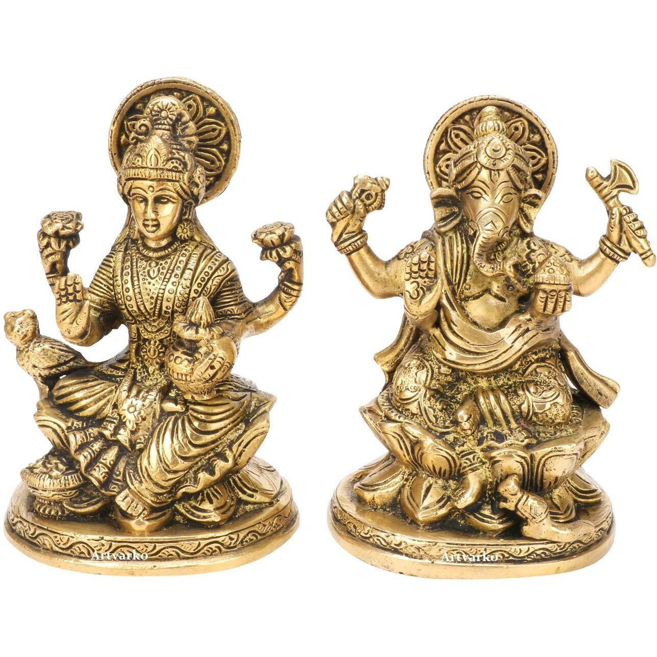 ARTVARKO Brass Ganesha Laxmi Ganesh Lakshmi Bhagwan Idol Sitting on Lotus Ganpati Murti Statue for Home Office Puja Success Dcor Gift 5 Inches